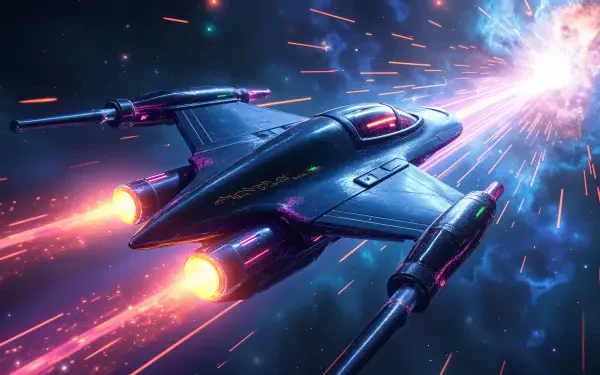 A spaceship speeding through a galaxy at warp speed, depicted in vibrant Sci-Fi style for a 4K Ultra HD PC desktop wallpaper and background.