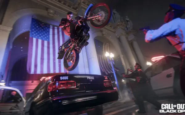 A dynamic scene from Call of Duty: Black Ops 6 featuring a character performing a motorcycle stunt above a police car, set against a backdrop of American flags in a vibrant 4K Ultra HD resolution.