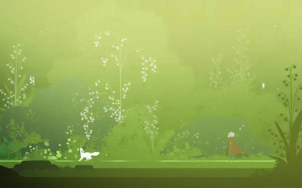 A serene HD desktop wallpaper from the video game Neva, featuring a lush, green landscape with a character and a white dog amidst enchanting flora.