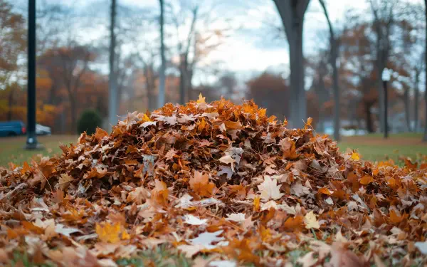 A vibrant pile of autumn leaves in a park, captured in 4K Ultra HD with trees and a soft sky in the background, showcasing nature's seasonal beauty.