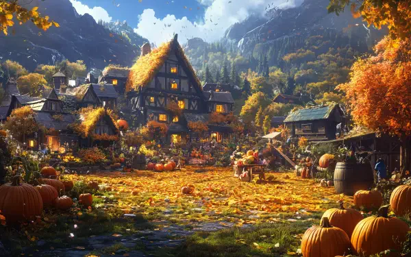 Autumn harvest festival pumpkin cottage landscape HD Desktop Wallpaper | Background Image