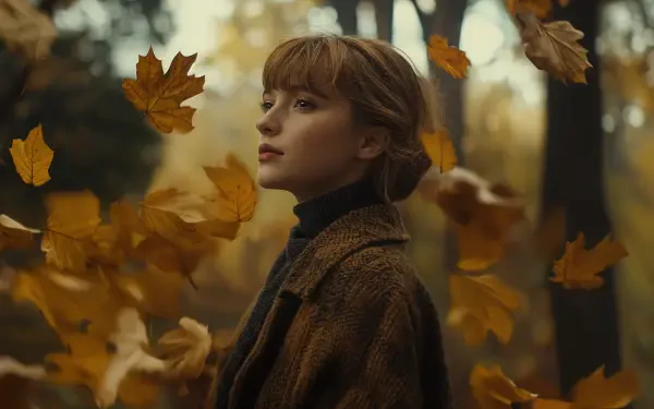 A woman in stylish fall fashion stands amidst swirling autumn leaves in a serene forest setting, captured in stunning 4K Ultra HD detail.