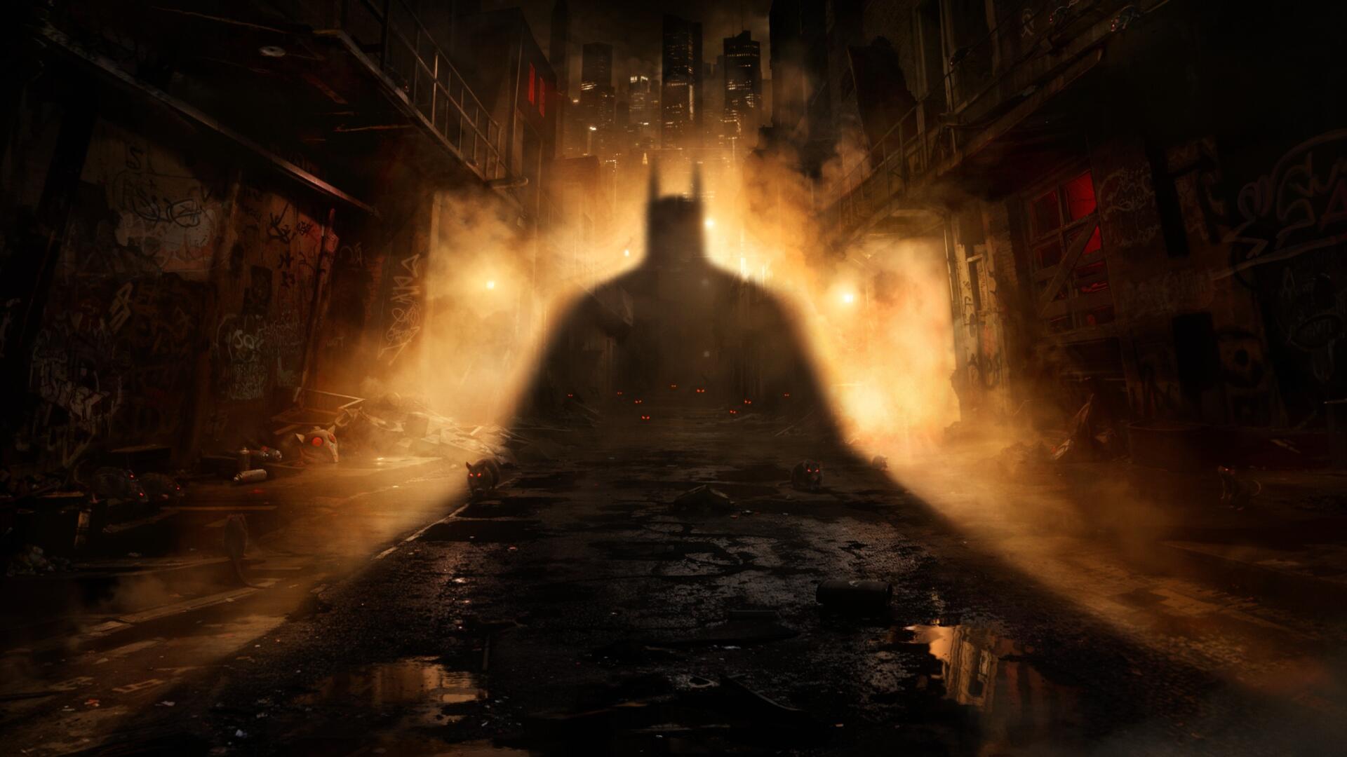 A striking HD wallpaper from the video game Batman: Arkham Shadow, featuring the iconic silhouette of Batman against a backdrop of smoke and urban decay.