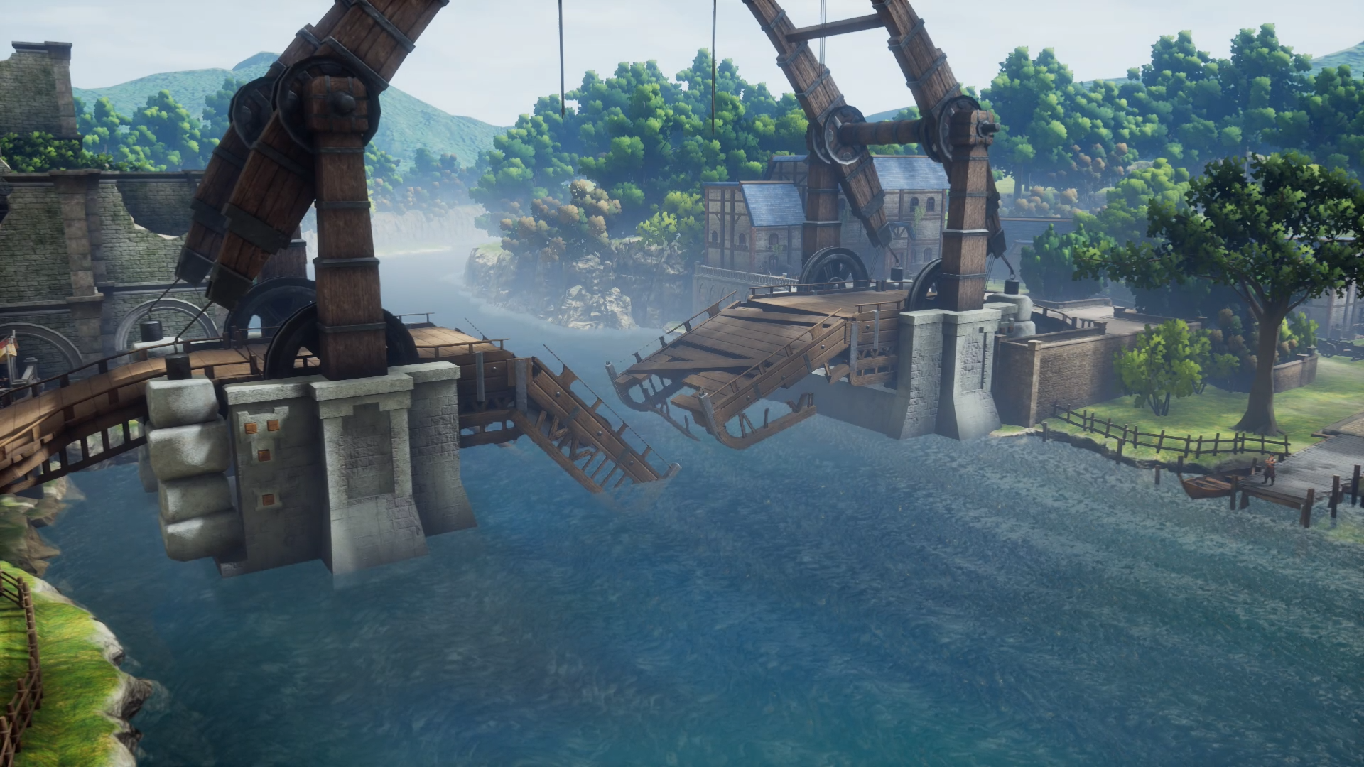 A serene landscape from Romancing SaGa 2: Revenge of the Seven, featuring a bridge and waterway surrounded by lush greenery, captured as a high-definition PC desktop wallpaper.