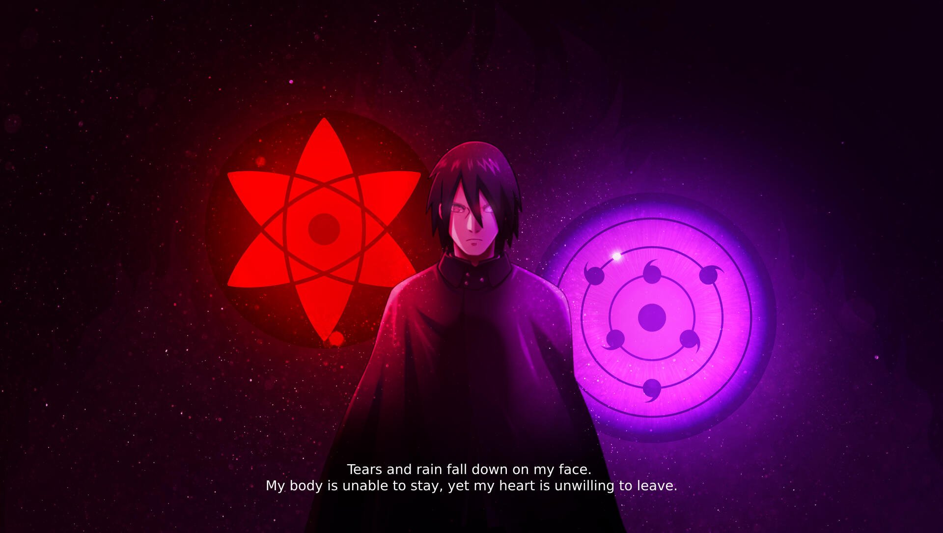 Sasuke Uchiha from the Uchiha Clan stands with glowing red Sharingan and purple Rinnegan eyes in a dark, vibrant 4K Ultra HD desktop wallpaper background.
