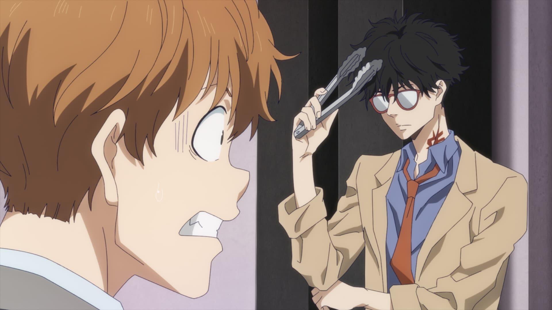 A dynamic scene from Ron Kamonohashi's Forbidden Deductions, featuring two characters in a tense moment, showcasing the anime's engaging art style and intriguing narrative.