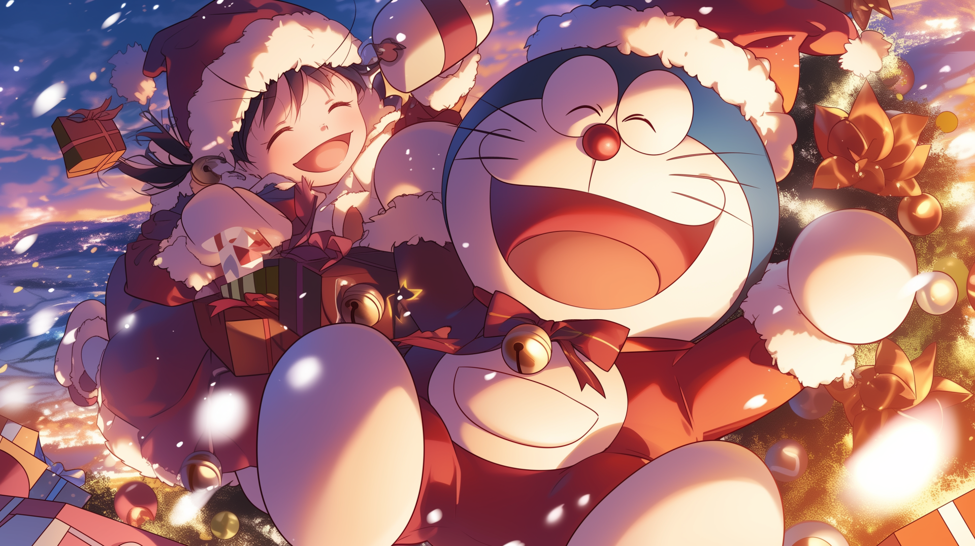 HD anime-style PC desktop wallpaper featuring Doraemon and a cheerful child in festive Santa hats surrounded by gifts and holiday lights.