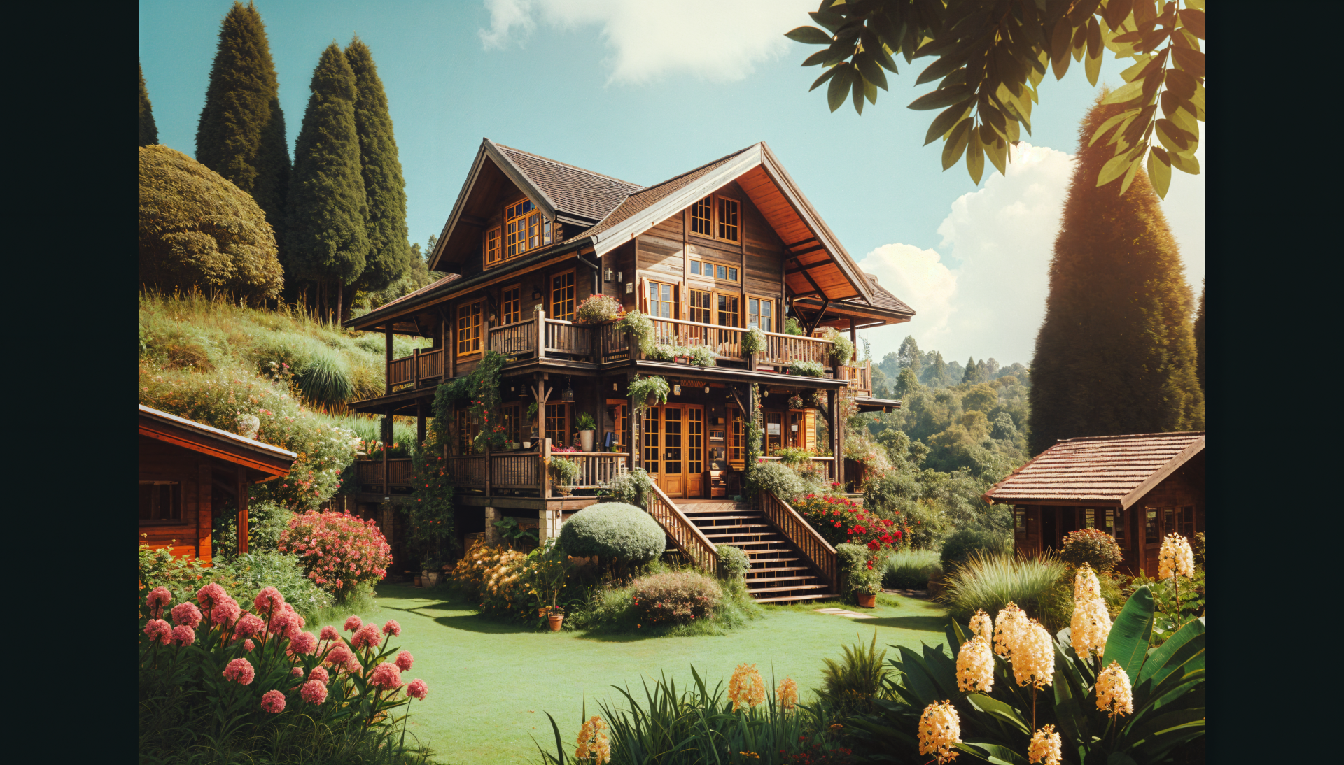 A picturesque vacation home nestled in a lush garden, featuring a wooden structure with large windows and vibrant flowers, set against a backdrop of green hills and blue skies.