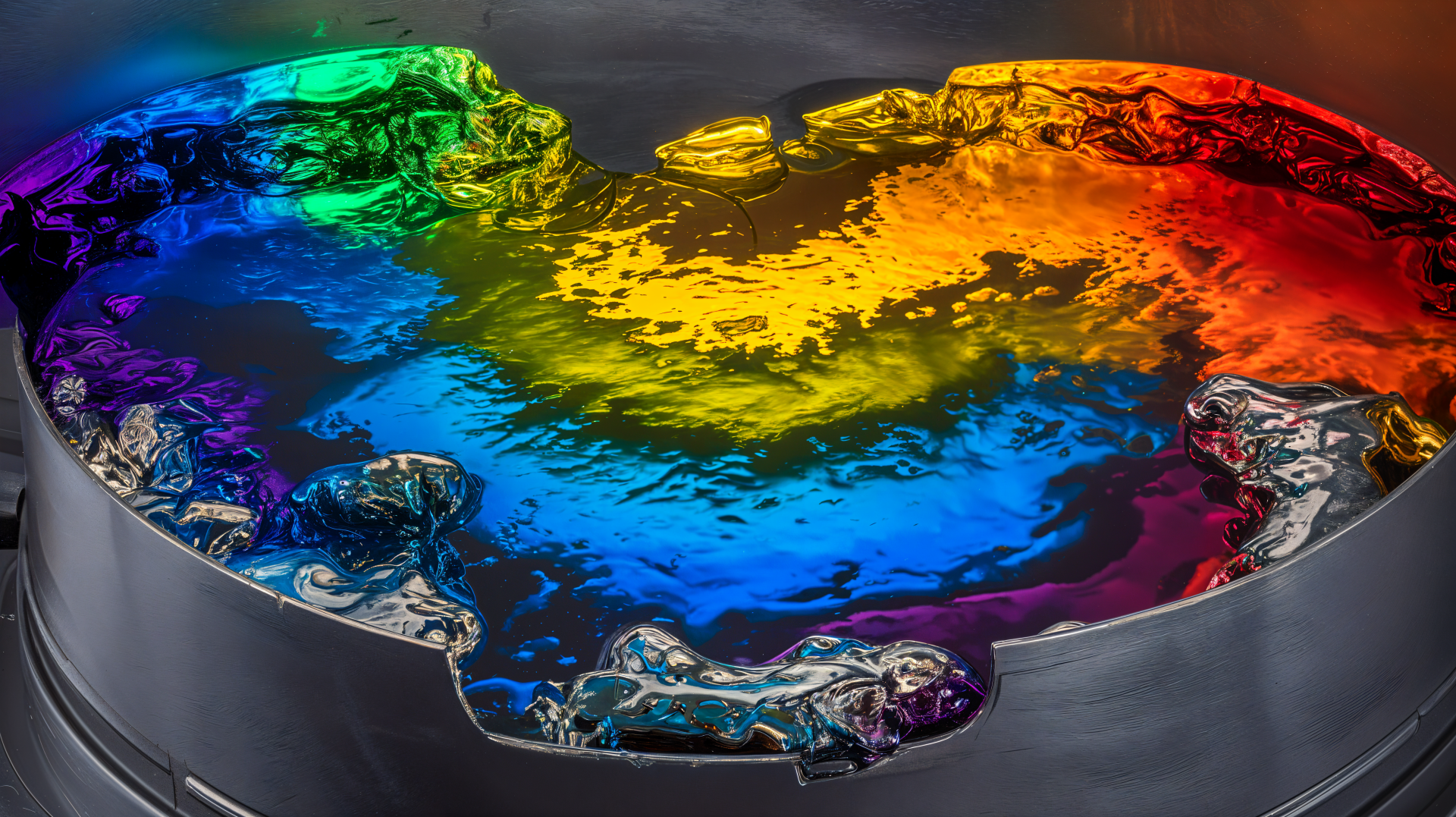 A vibrant color spectrum displayed in a reflective liquid surface, capturing a dazzling array of hues, designed as a 4K Ultra HD PC desktop wallpaper and background.