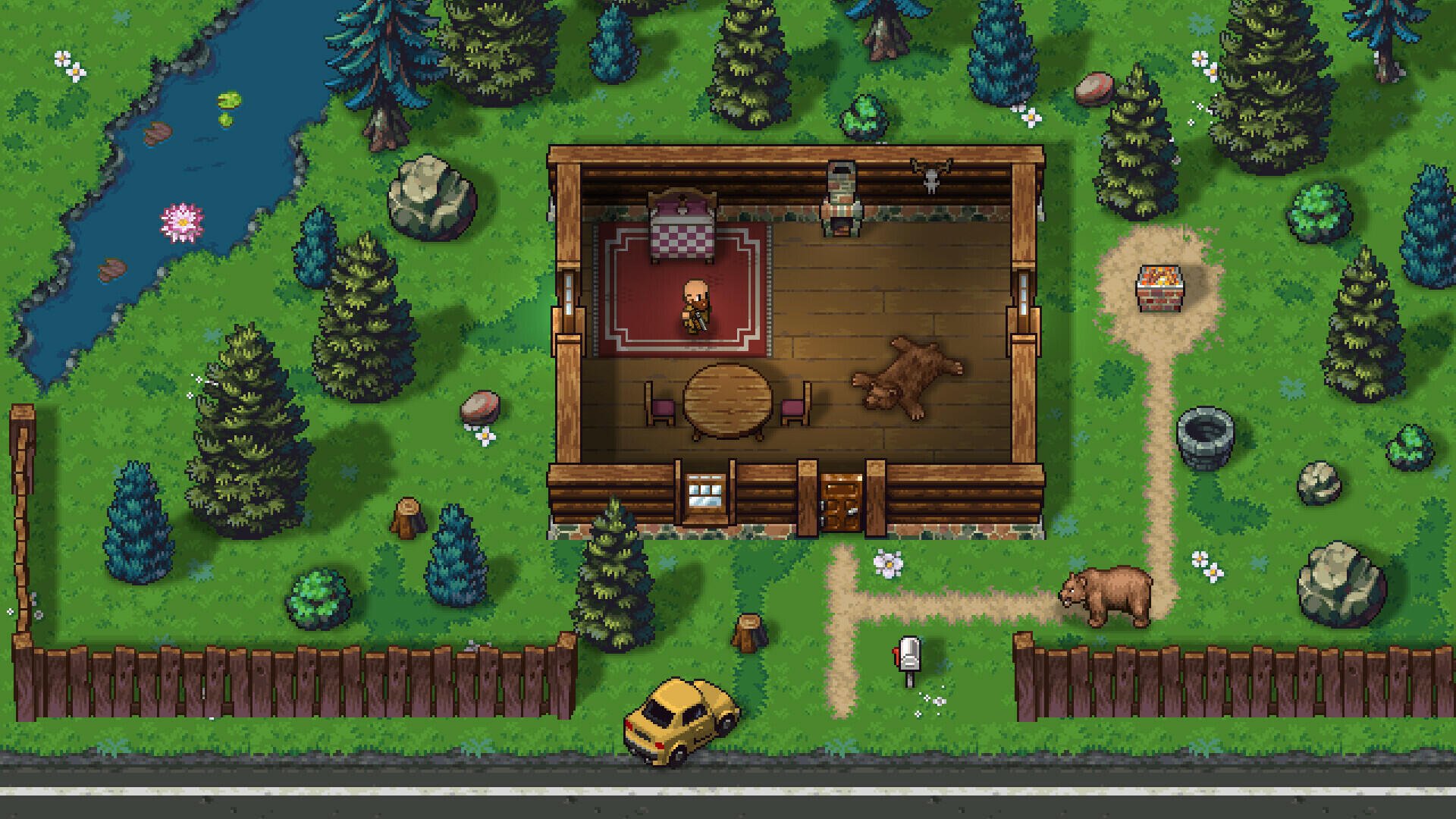A vibrant desktop wallpaper featuring gameplay from Streets of Rogue 2, showcasing a character in a cabin surrounded by lush greenery, trees, and a nearby pond.
