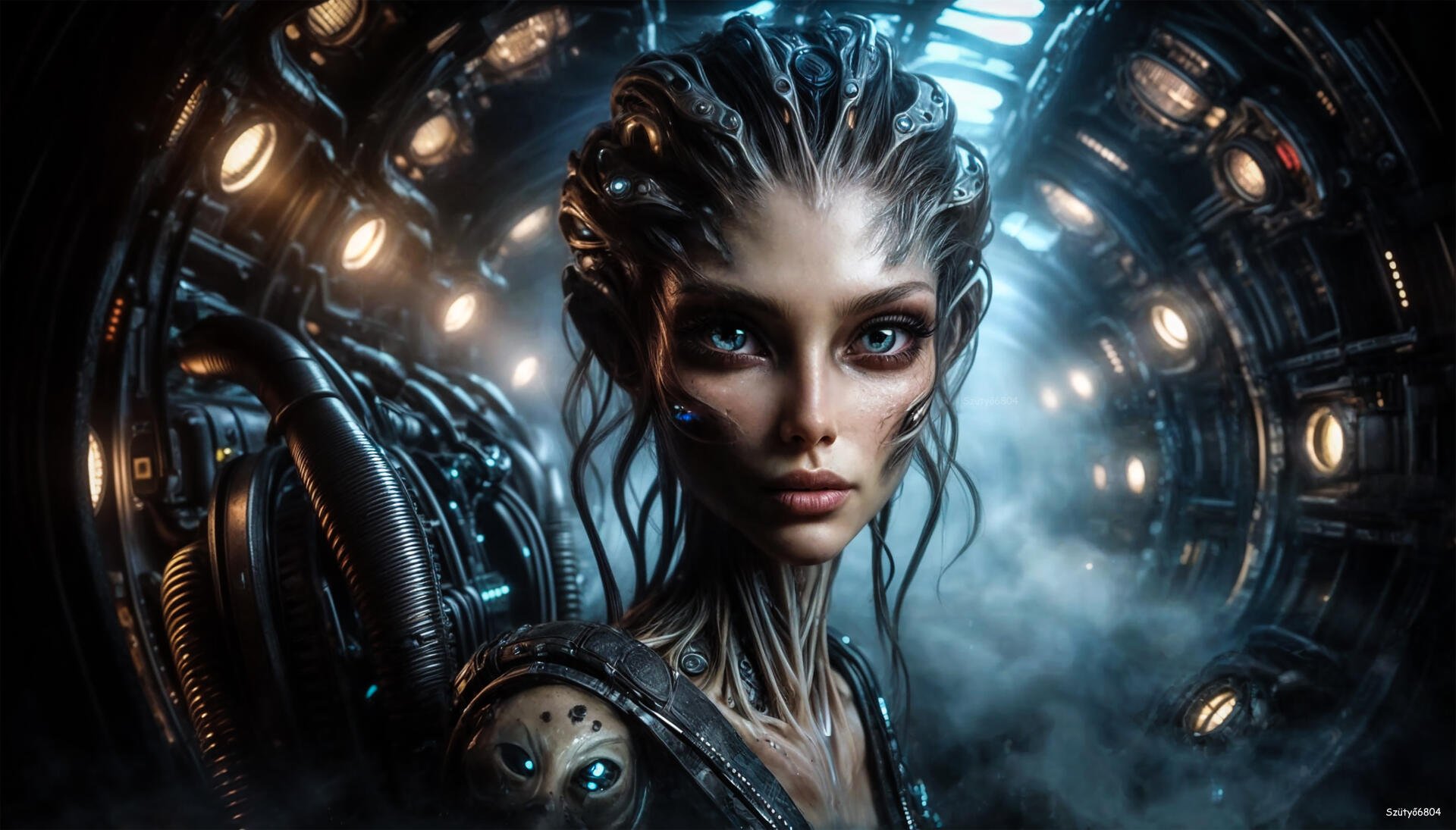 A detailed sci-fi character with intricate cybernetic features in a futuristic, mechanical environment, rendered as a 4K Ultra HD AI art desktop wallpaper.