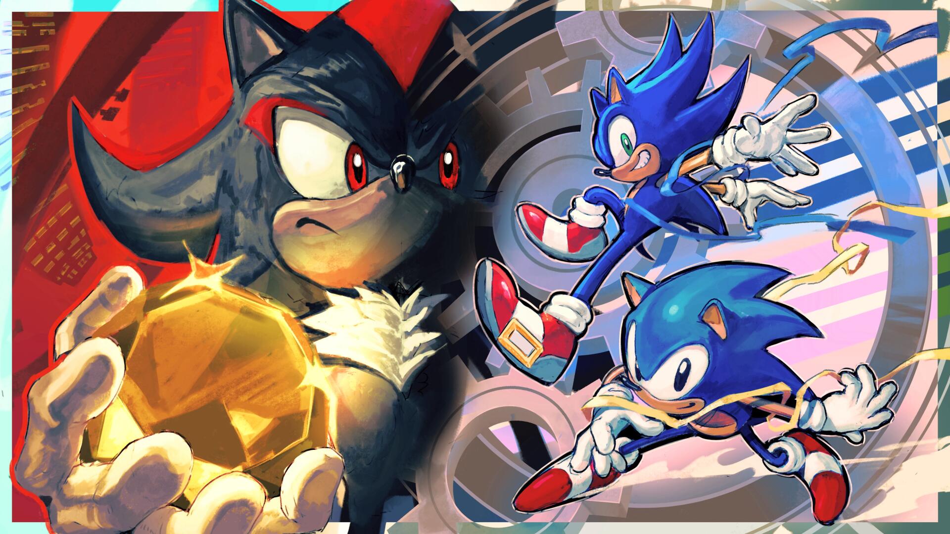 4K Ultra HD wallpaper featuring Sonic the Hedgehog and Shadow the Hedgehog from Sonic Generations and Sonic X, showcasing dynamic action in a vibrant background.