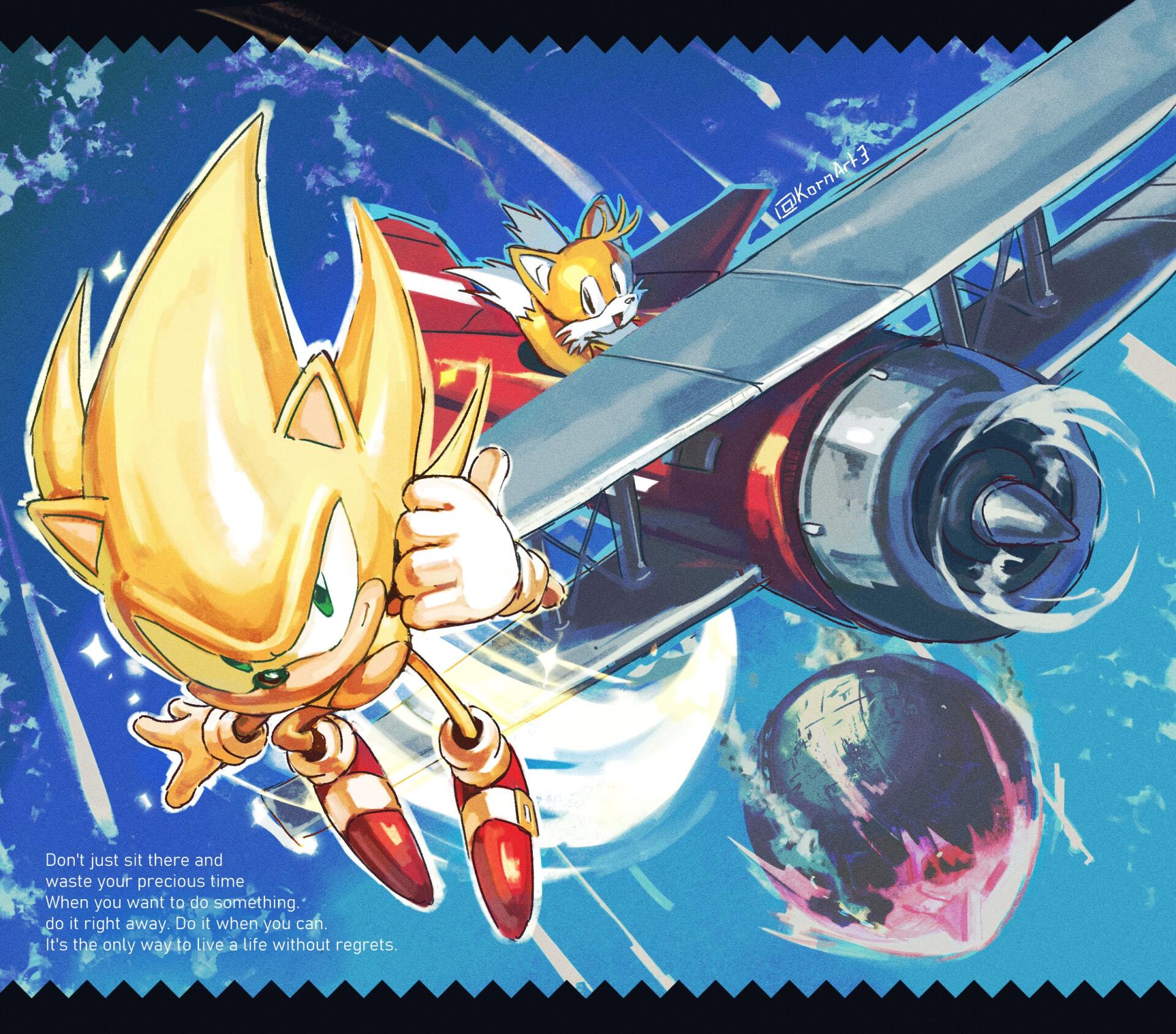 HD PC desktop wallpaper featuring Super Sonic and Tails from Sonic the Hedgehog 2 flying near a vintage airplane with space and a planet in the background.