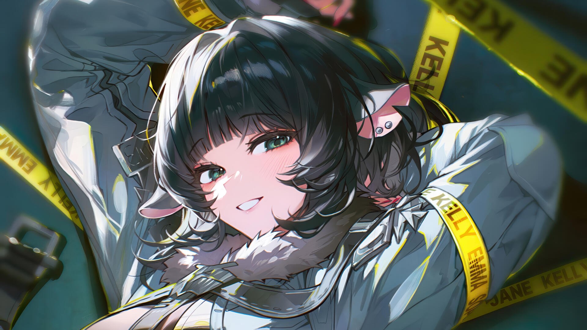 A vibrant 4K Ultra HD wallpaper featuring Jane Doe from the video game Zenless Zone Zero, showcasing her playful expression and distinctive style against a striking background.