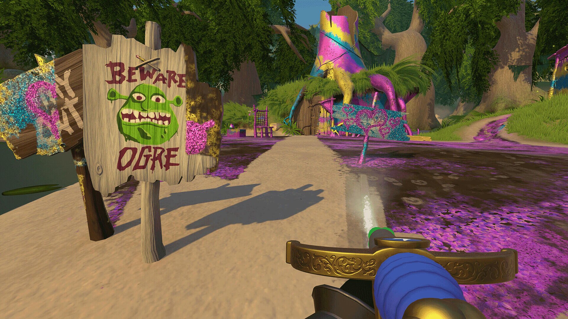 A vibrant HD wallpaper from PowerWash Simulator's Shrek Special Pack, featuring a Beware Ogre sign amidst a whimsical, colorful landscape.