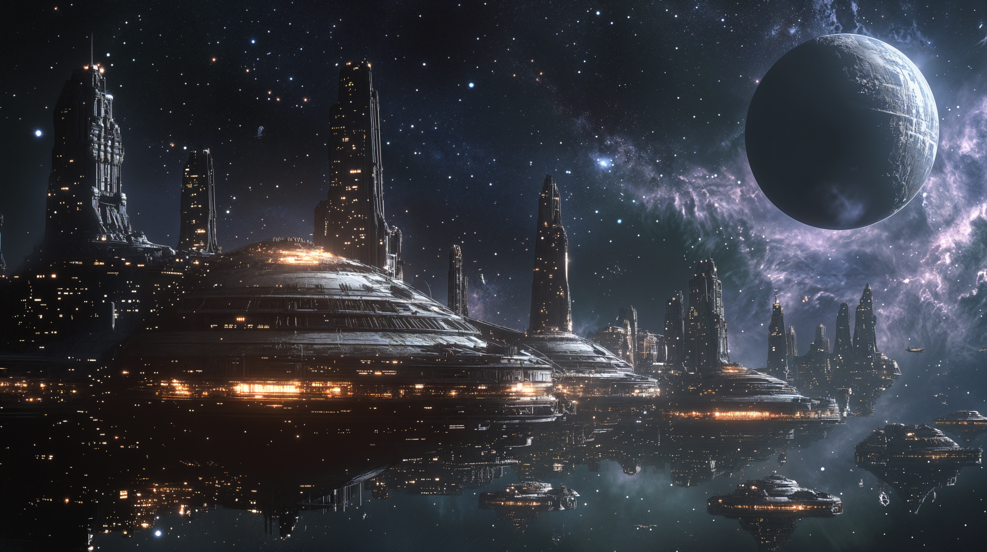 A stunning 4K Ultra HD wallpaper featuring a futuristic space station in a Galactic Empire setting, surrounded by a starry cosmos and a prominent planet in the background.