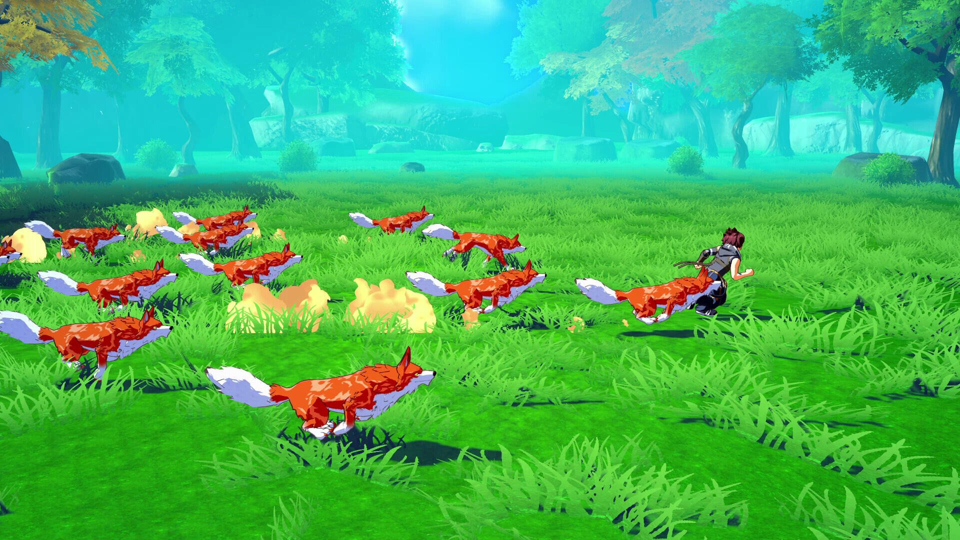 A vibrant HD desktop wallpaper from the video game Farmagia, featuring a character interacting with a lively group of foxes in a lush green landscape.