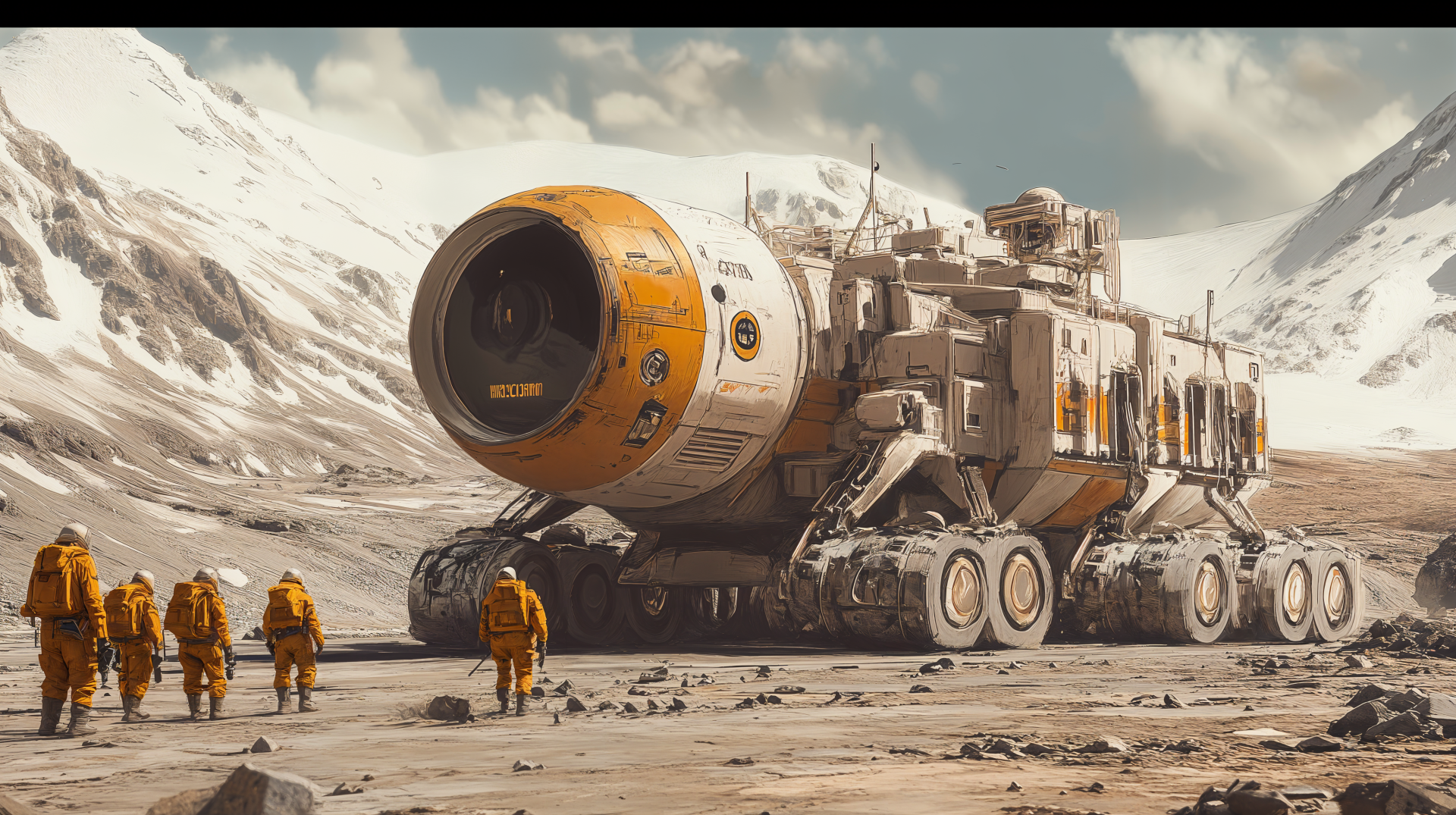 A futuristic space mining vehicle navigates a rugged extraterrestrial landscape, with astronauts in bright suits working nearby, set against a dramatic sci-fi backdrop. 4K Ultra HD detail.