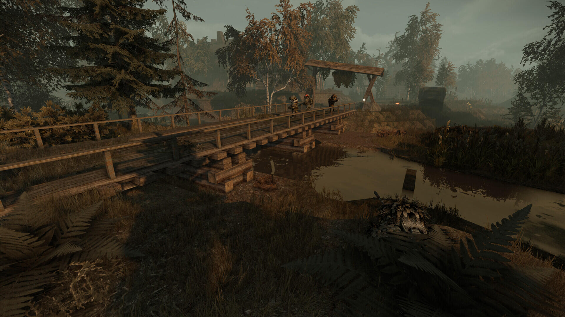 A serene landscape from STALCRAFT: X, featuring a wooden bridge over a calm pond surrounded by trees and foliage, presented as an HD PC desktop wallpaper.