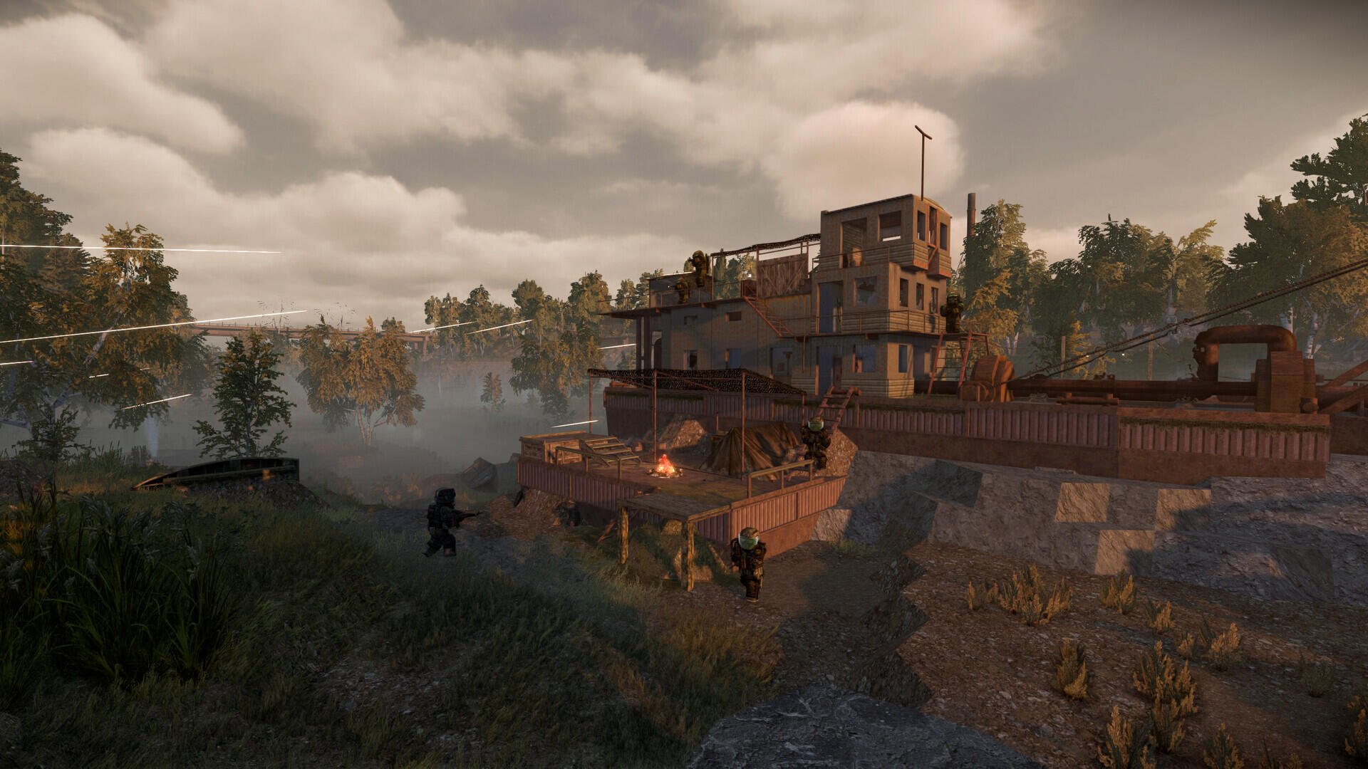 A captivating HD wallpaper showcasing a scene from STALCRAFT: X, featuring an industrial structure surrounded by lush foliage and mist, set against a cloudy sky.