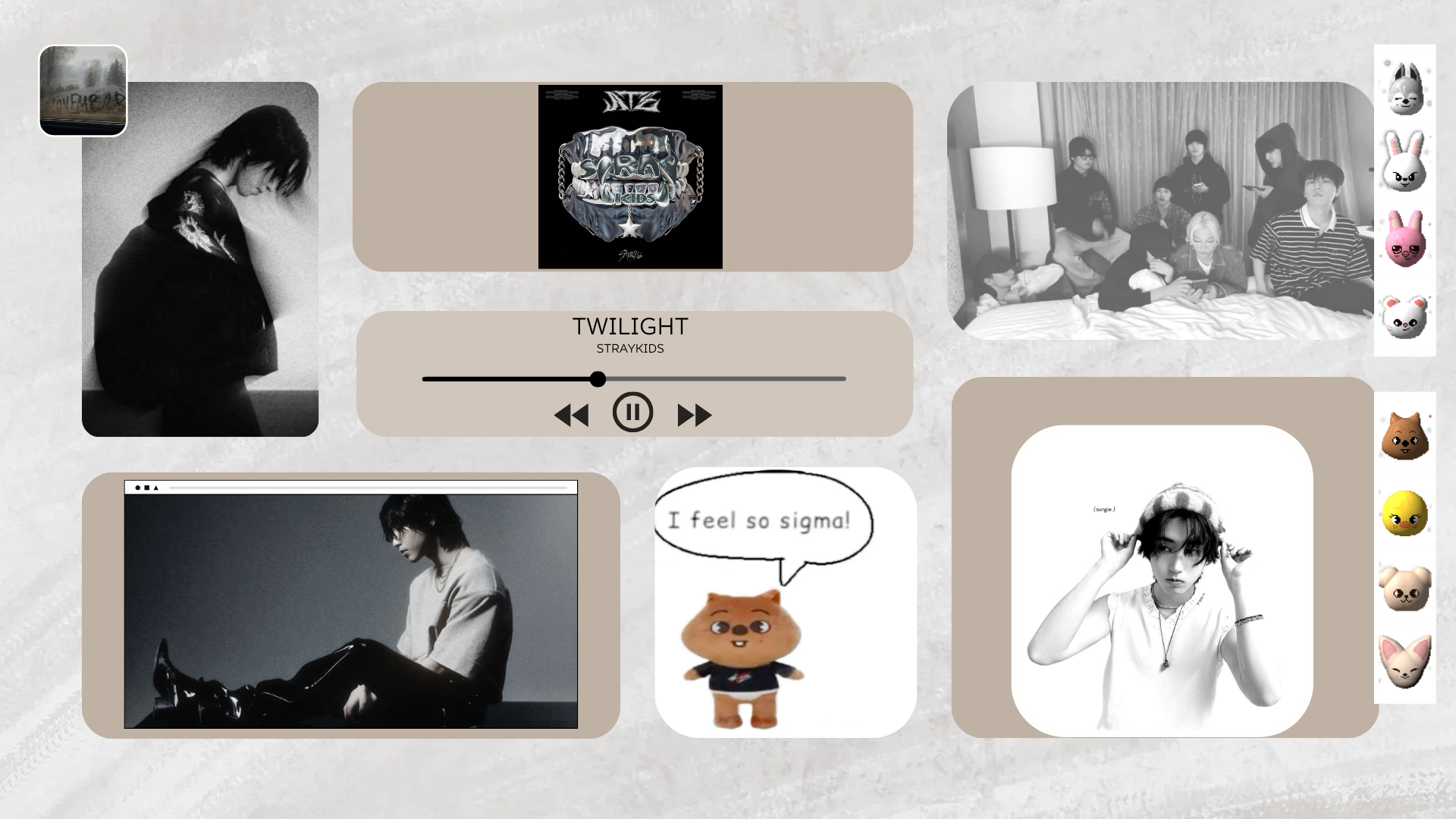 HD PC desktop wallpaper featuring Stray Kids in a collage style with black-and-white portraits, album cover art, and a cartoon character saying I feel so sigma.