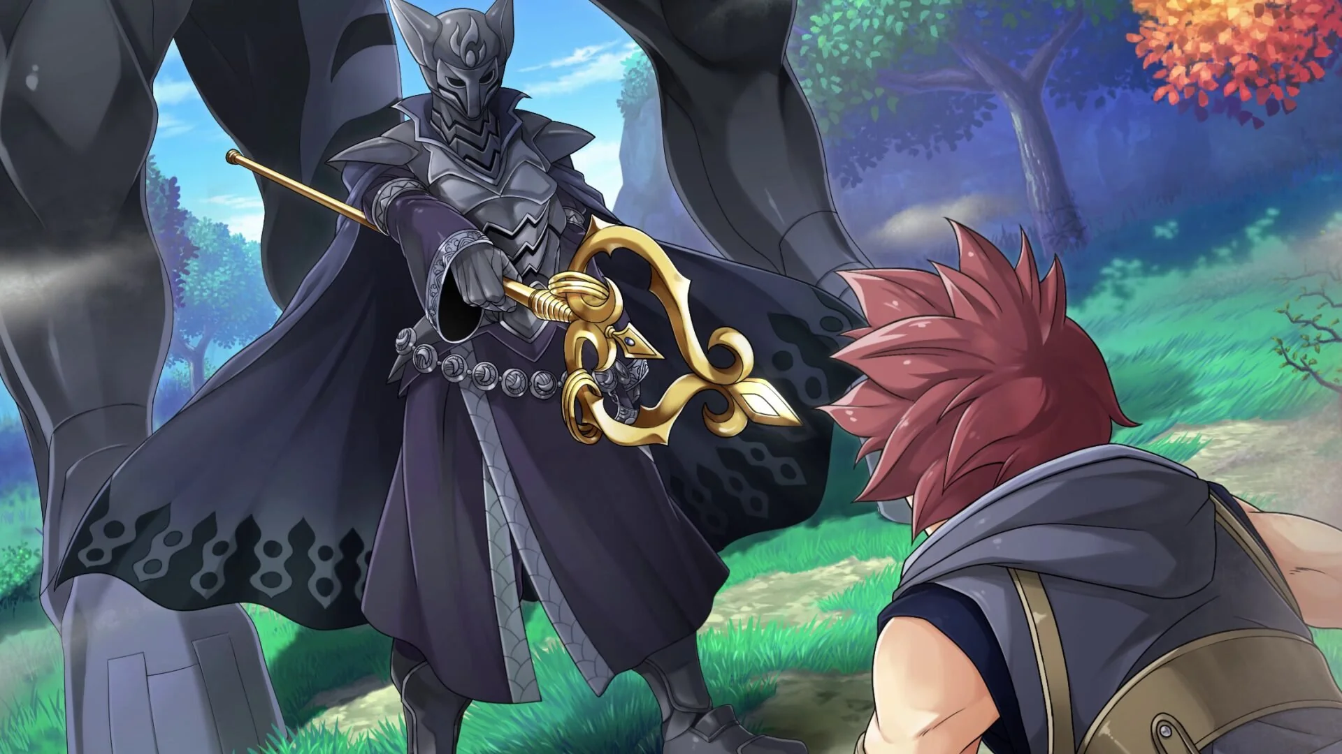 A dramatic scene from the video game Farmagia, featuring a cloaked figure wielding a golden staff, confronting a determined young warrior amidst a vibrant landscape.