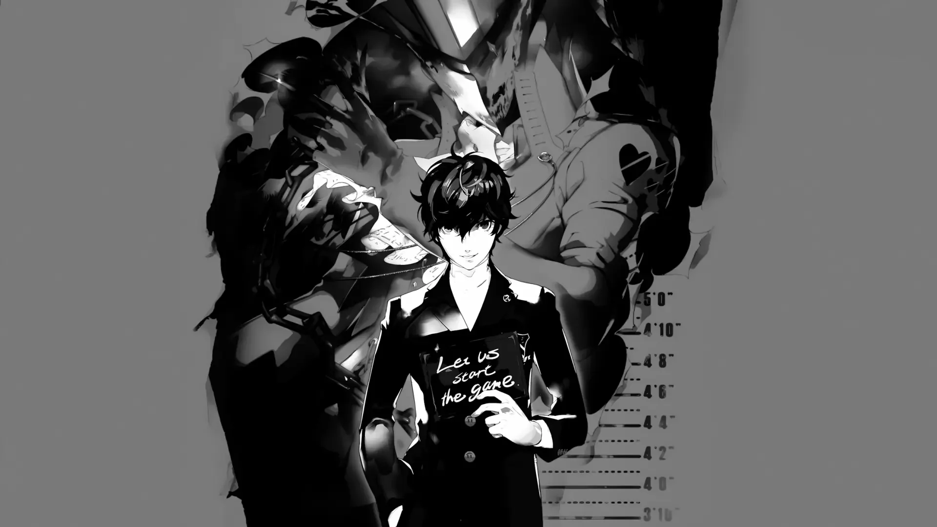 HD PC desktop wallpaper featuring Joker from Persona 5 Royal with dark, stylized shadows and a moody black-and-white aesthetic.