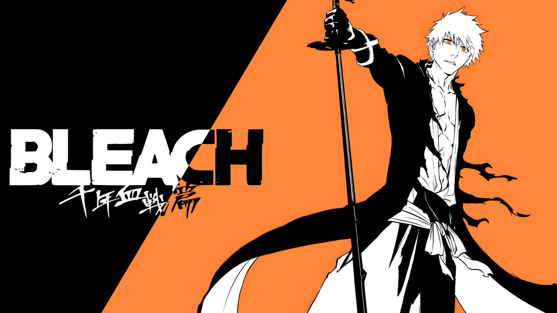 HD anime desktop wallpaper featuring Ichigo Kurosaki from Bleach: Thousand-Year Blood War, with bold orange and black colors and dynamic pose.