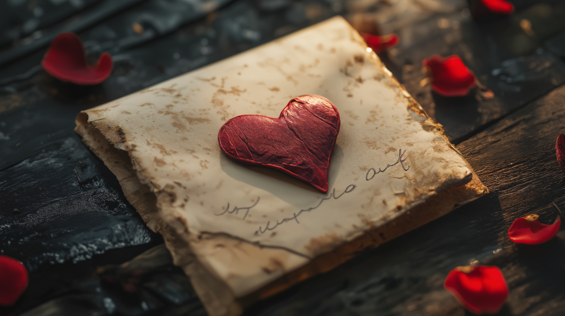 A close-up of a love letter featuring a red heart, surrounded by scattered rose petals, captured in stunning 4K Ultra HD detail for a captivating desktop wallpaper.