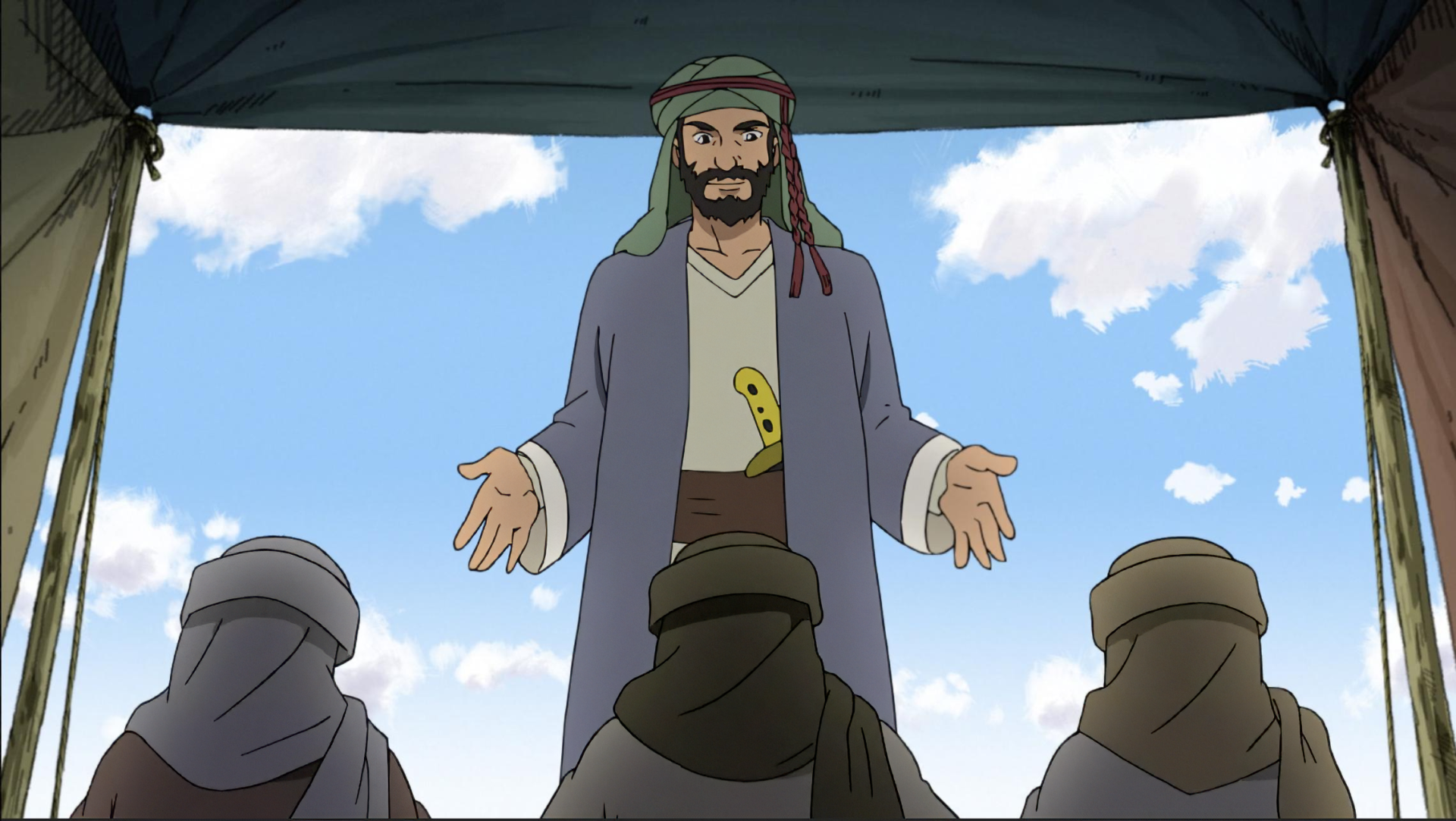 An anime scene depicting a bearded man speaking to a group under a canopy, set against a backdrop of blue skies and clouds. Part of the Future Folktales collection, this HD wallpaper captures a storytelling moment.