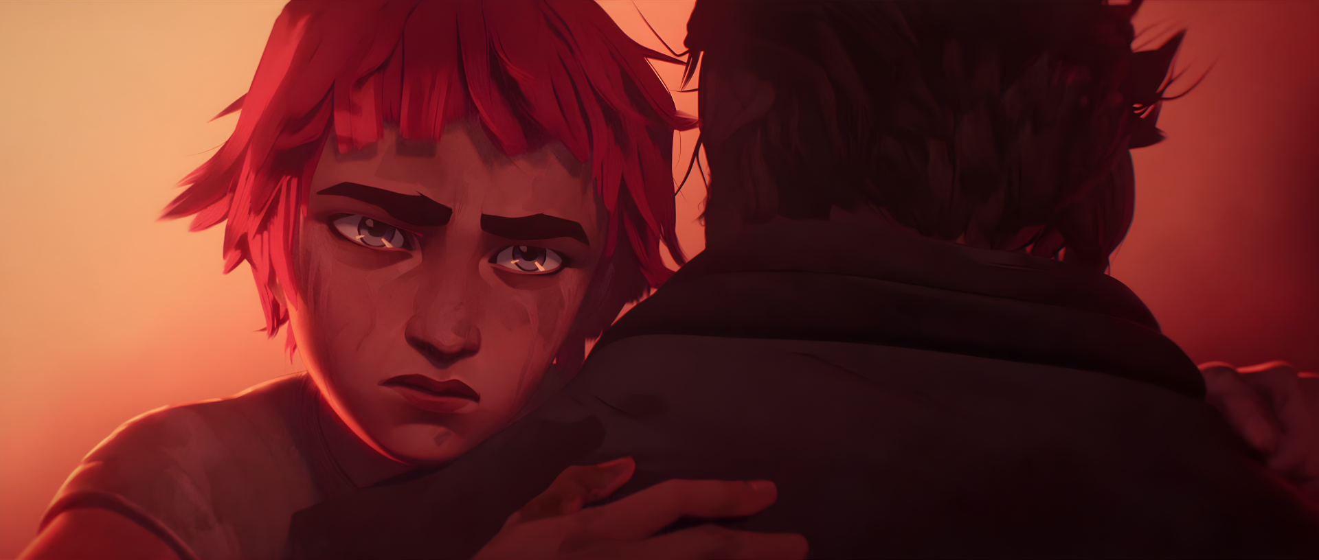 A close-up of VI from the TV show Arcane, showcasing her intense expression and distinctive red hair, set against a warm, dramatic background in this 4K Ultra HD wallpaper.