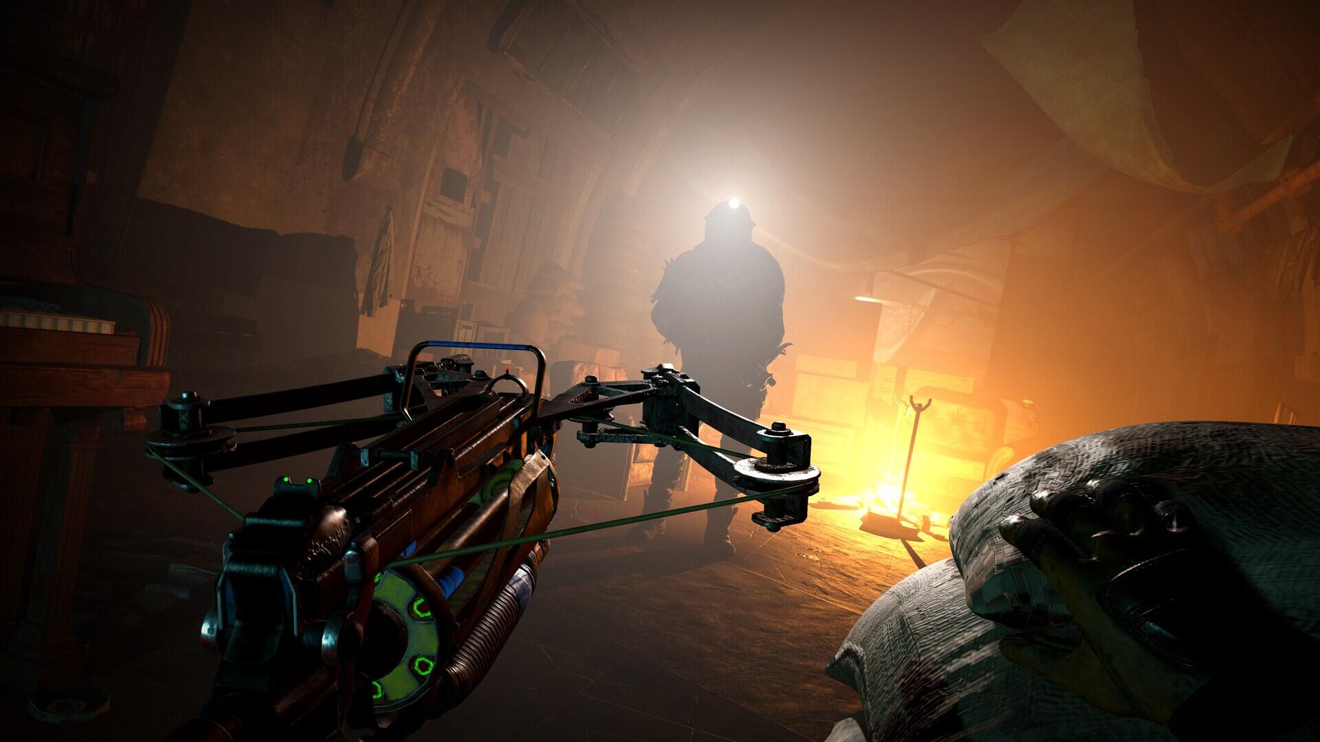 A dramatic HD wallpaper from the video game Metro Awakening, featuring a character wielding a crossbow in a dimly lit environment, emphasizing tension and adventure.