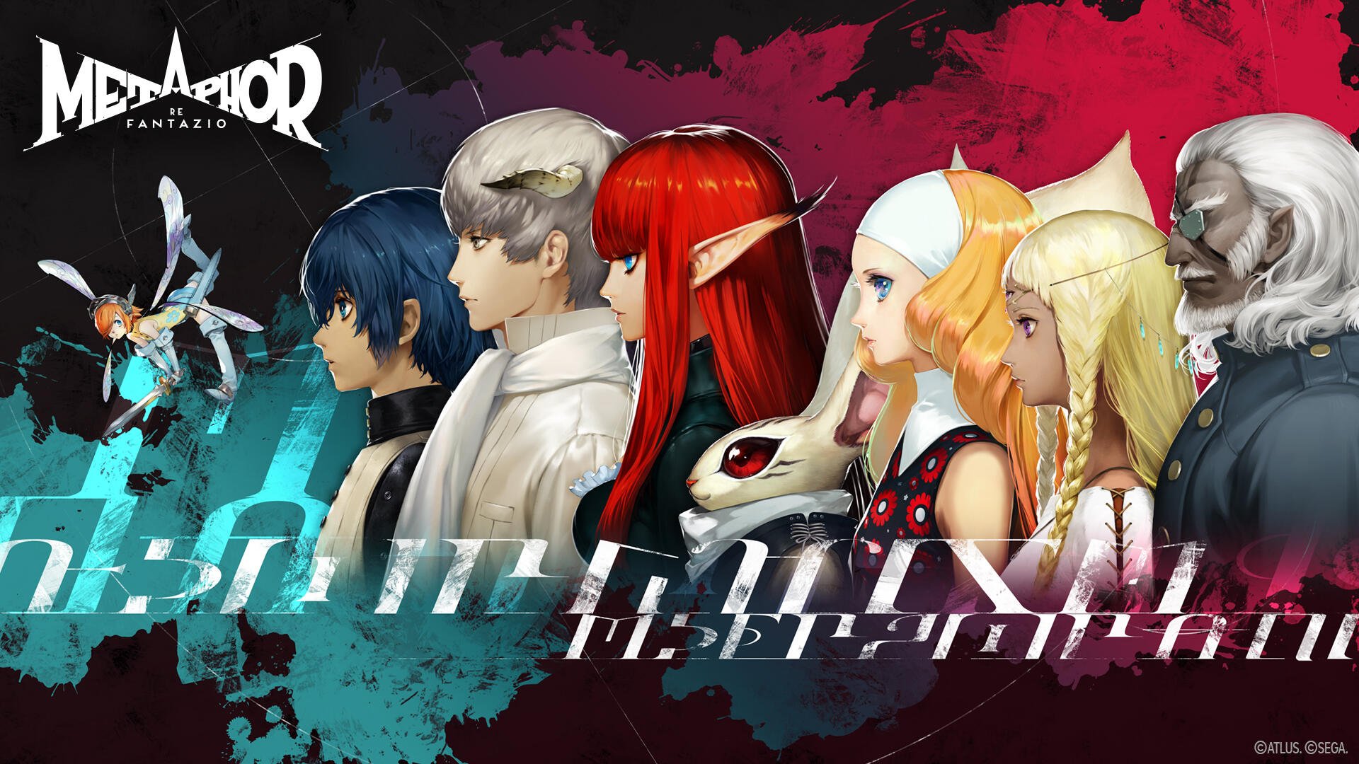 HD wallpaper featuring characters from the video game Metaphor: ReFantazio, showcasing a vibrant design with a mix of fantasy elements and a bold color palette.