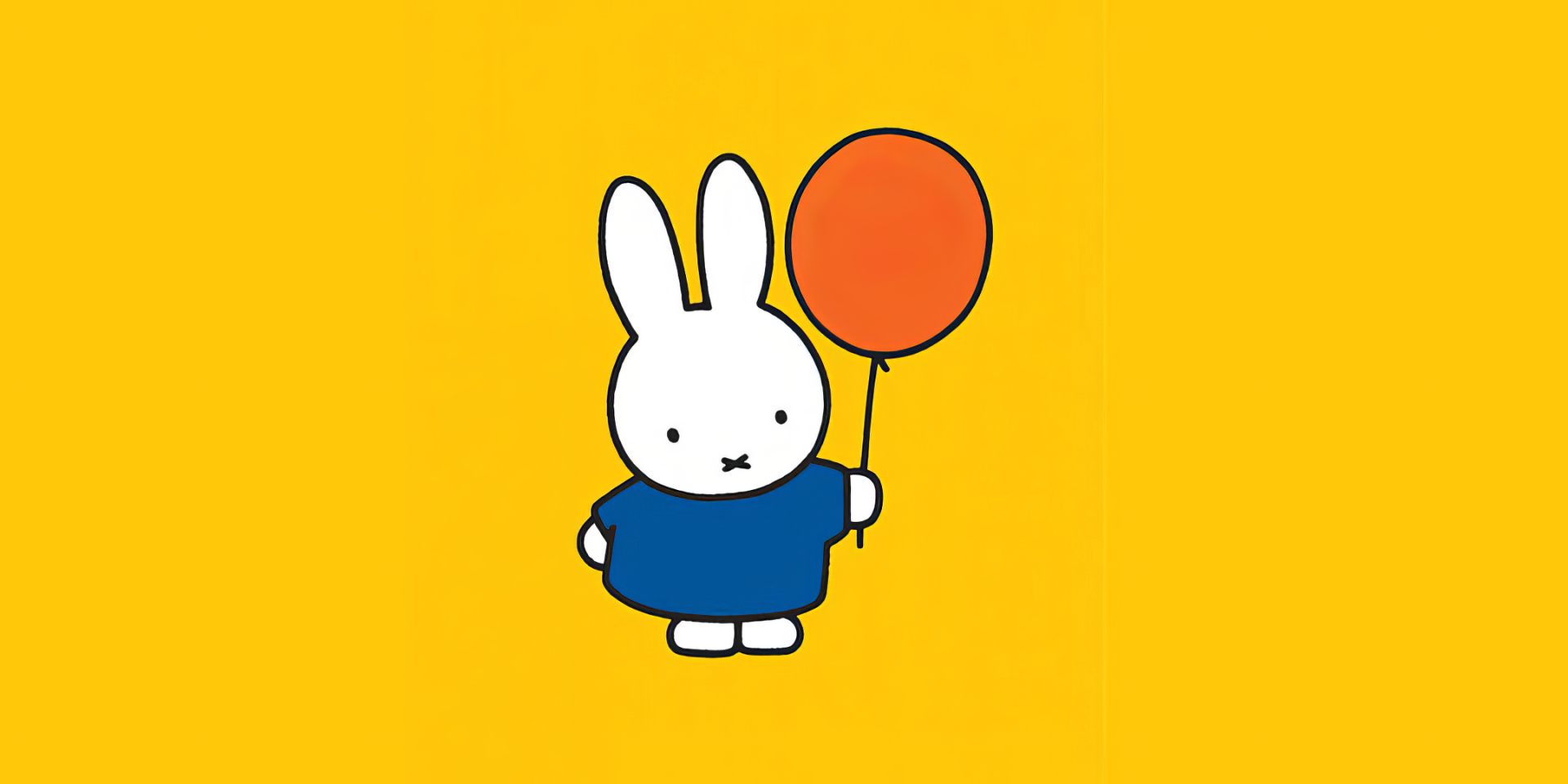 Miffy, the beloved bunny character, stands against a bright yellow background, holding an orange balloon, making a cheerful HD PC desktop wallpaper.