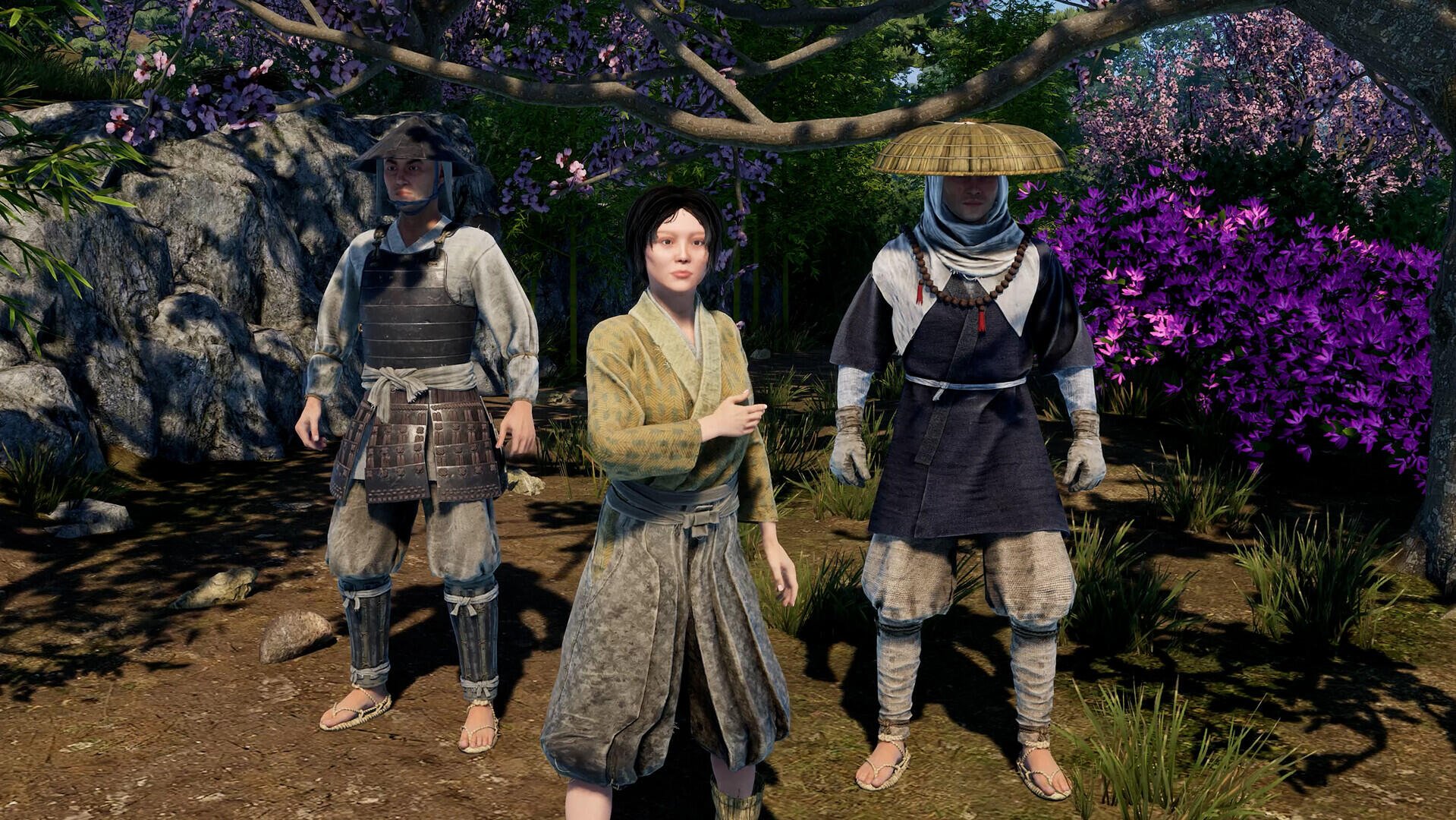 Depicting characters from the video game Sengoku Dynasty, this HD PC desktop wallpaper features a woman in traditional attire alongside two warriors in a lush, vibrant setting.