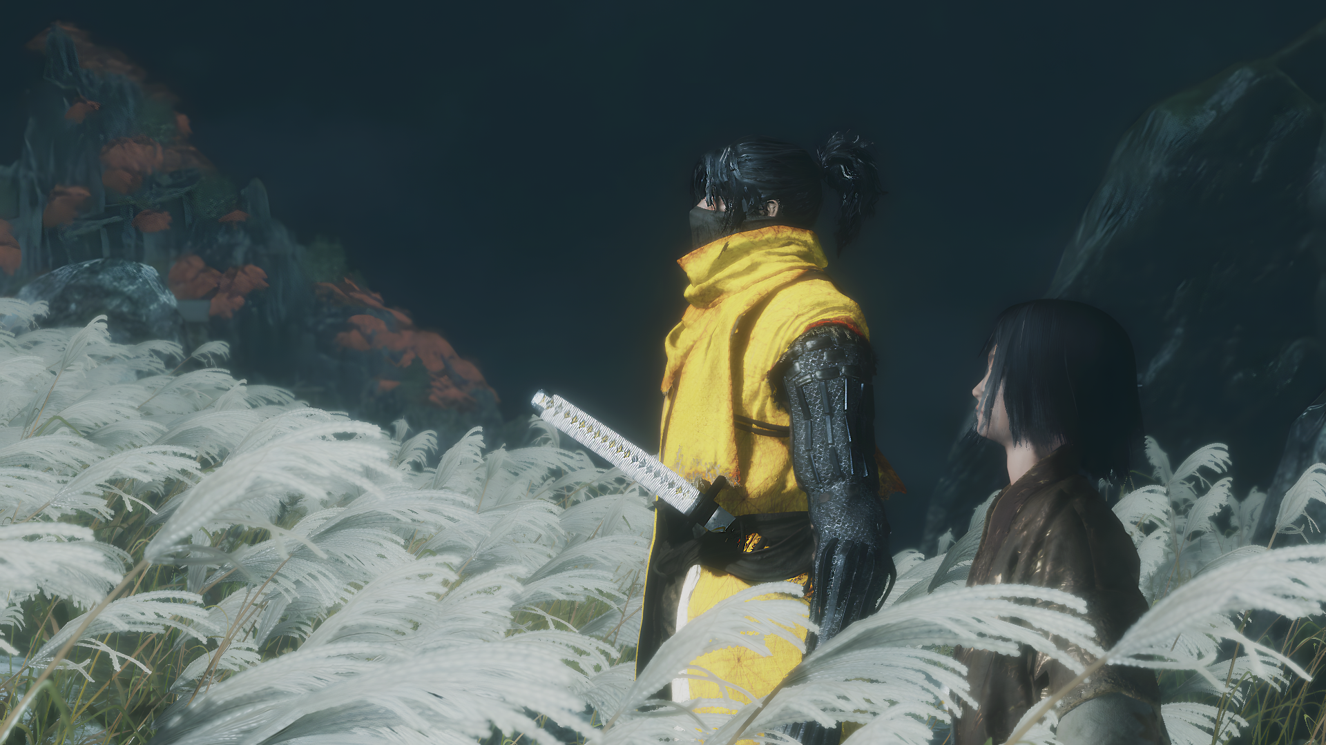 8K Ultra HD desktop wallpaper featuring Kuro from Sekiro: Shadows Die Twice standing in a field of tall grass under a dark, moody sky.