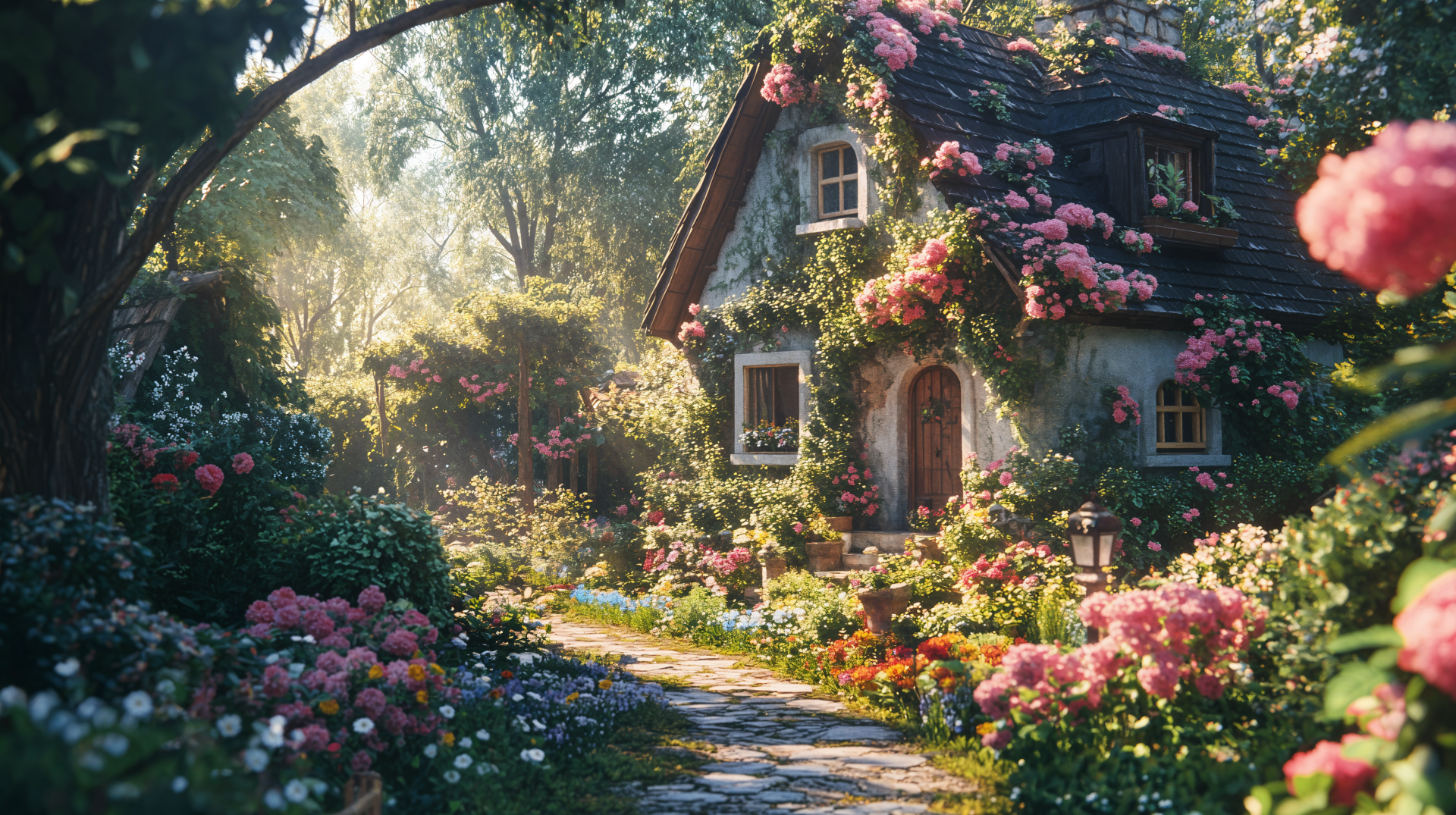 A quaint cottage adorned with vibrant flowers and lush greenery, surrounded by a picturesque garden, captures the essence of cottagecore in this stunning 4K Ultra HD wallpaper.