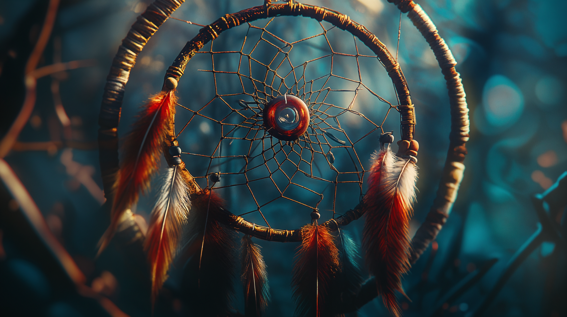 A close-up of a dreamcatcher adorned with colorful feathers, set against a tranquil, blurred background, presented as a stunning 4K Ultra HD PC desktop wallpaper.