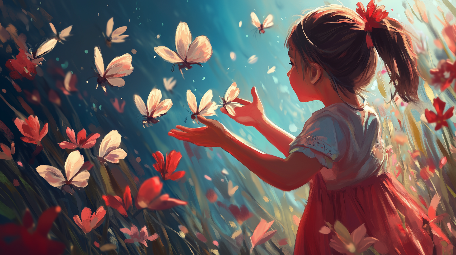 A young girl in a red dress joyfully interacts with butterflies amidst colorful flowers, embodying themes of kindness and love in this HD desktop wallpaper.
