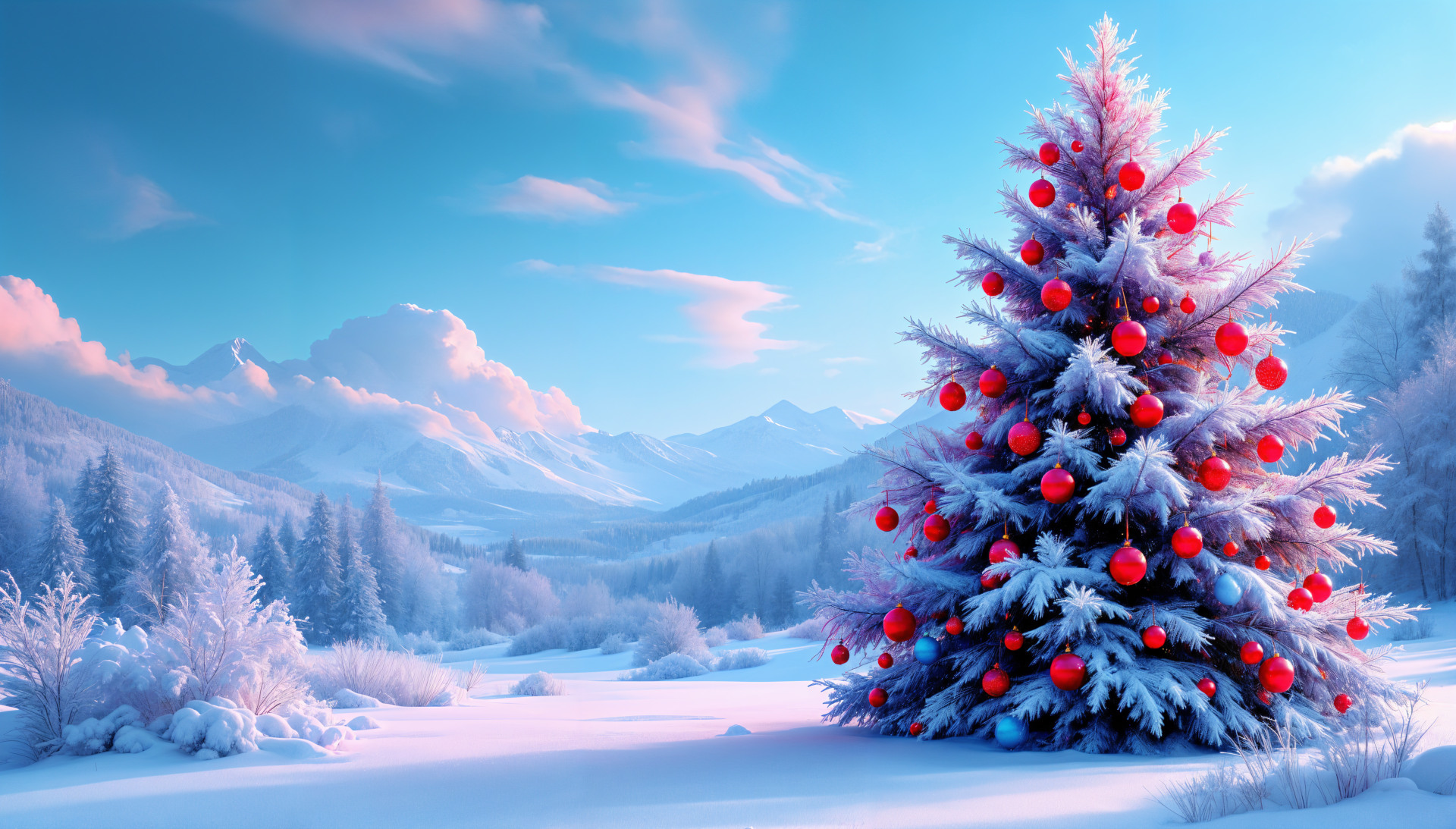 A serene winter landscape featuring a beautifully decorated Christmas tree with red ornaments, set against majestic mountains and a blue sky. 4K Ultra HD desktop wallpaper.