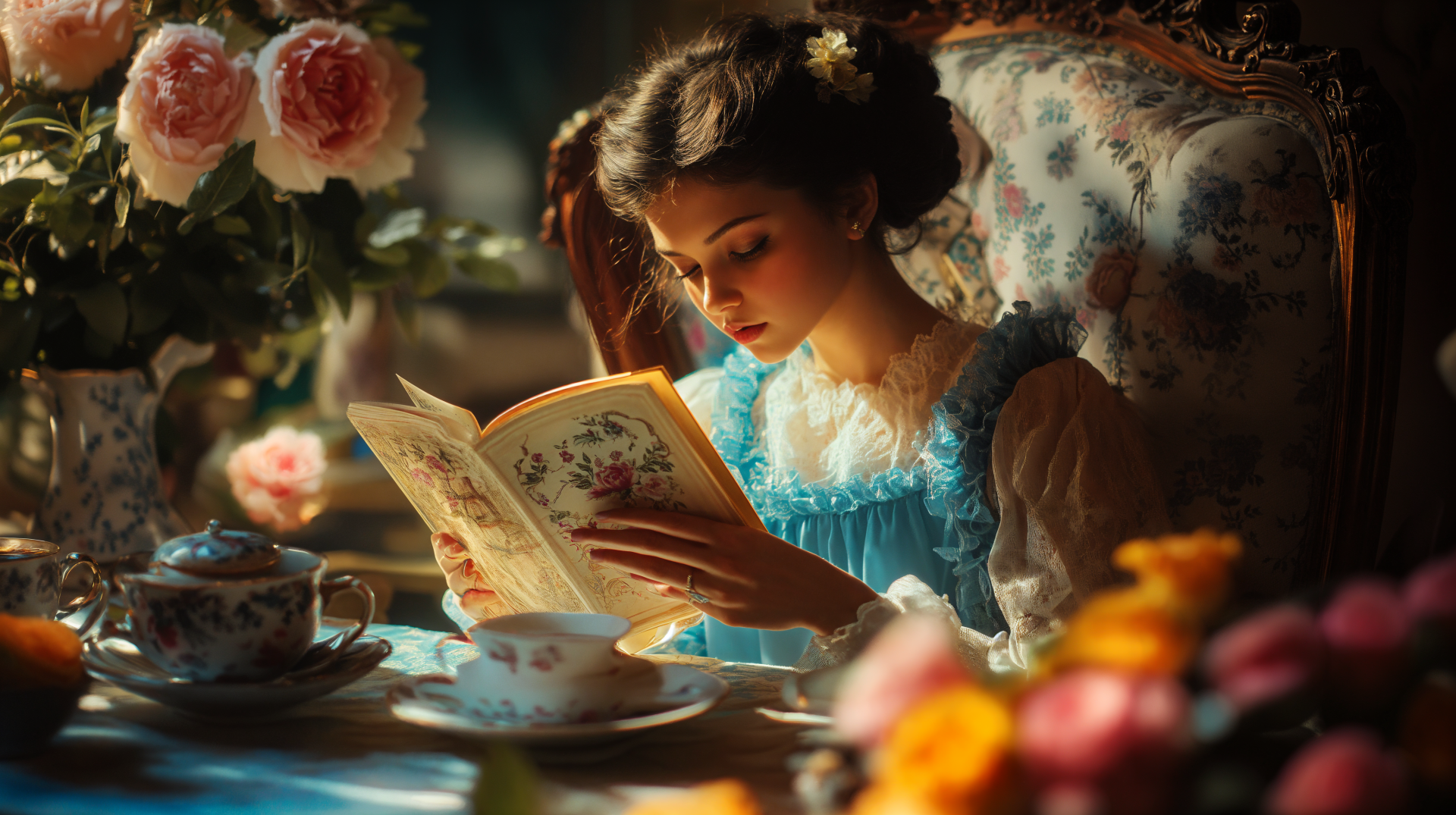 A woman enjoys a tranquil tea party, immersed in a book amidst vibrant flowers and soft, natural light, captured in stunning 4K Ultra HD detail.