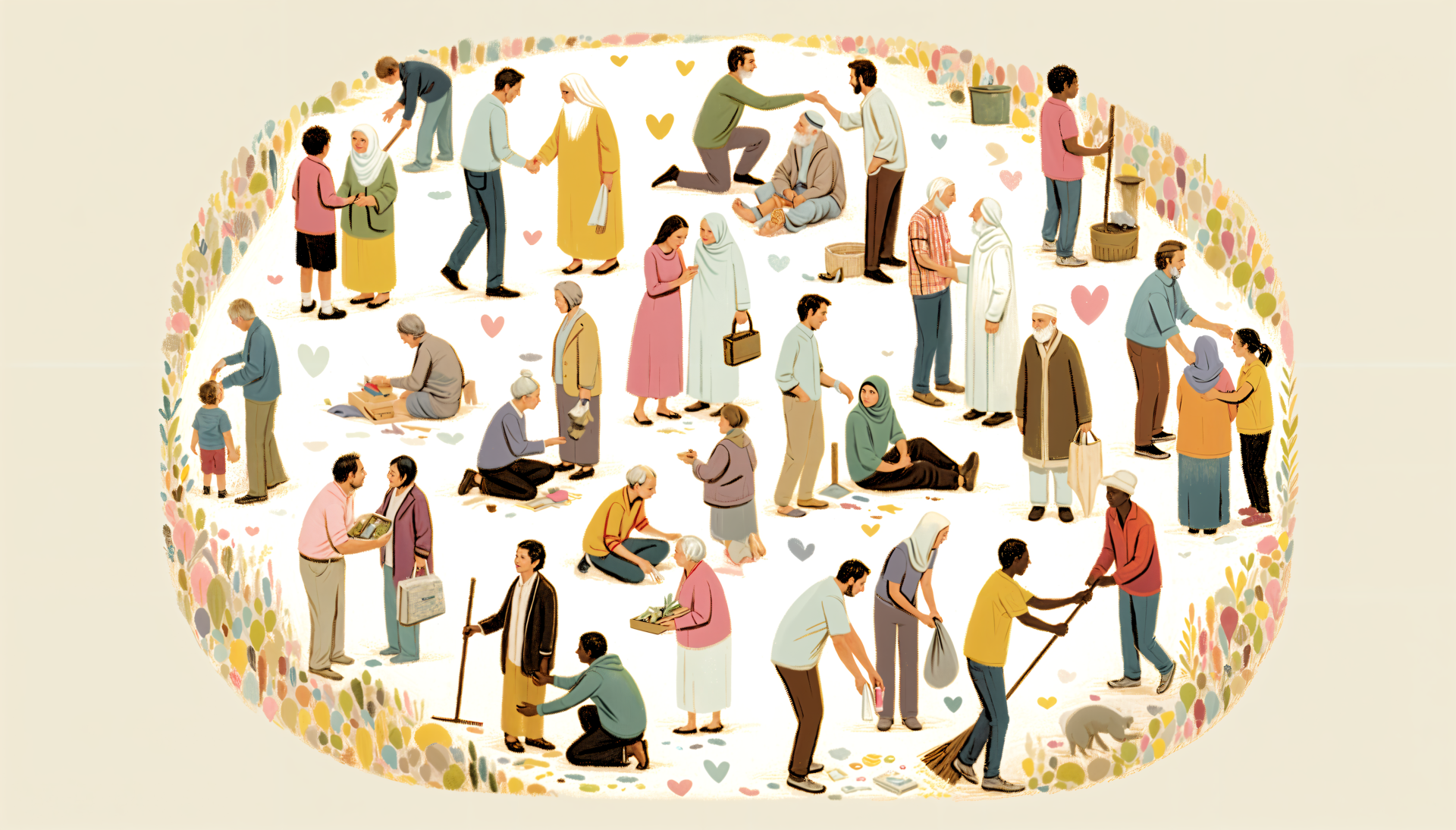 A vibrant illustration of diverse individuals engaging in acts of kindness, surrounded by hearts and flowers, serving as an inspiring 4K Ultra HD desktop wallpaper.