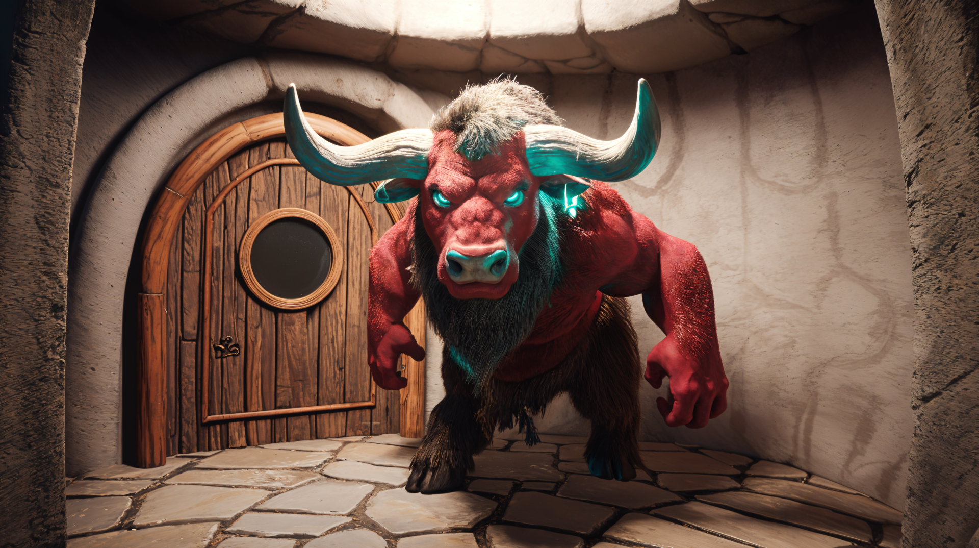 A striking 4K Ultra HD wallpaper featuring a menacing minotaur poised in a dimly lit cavern, with glowing accents and a wooden door in the background.