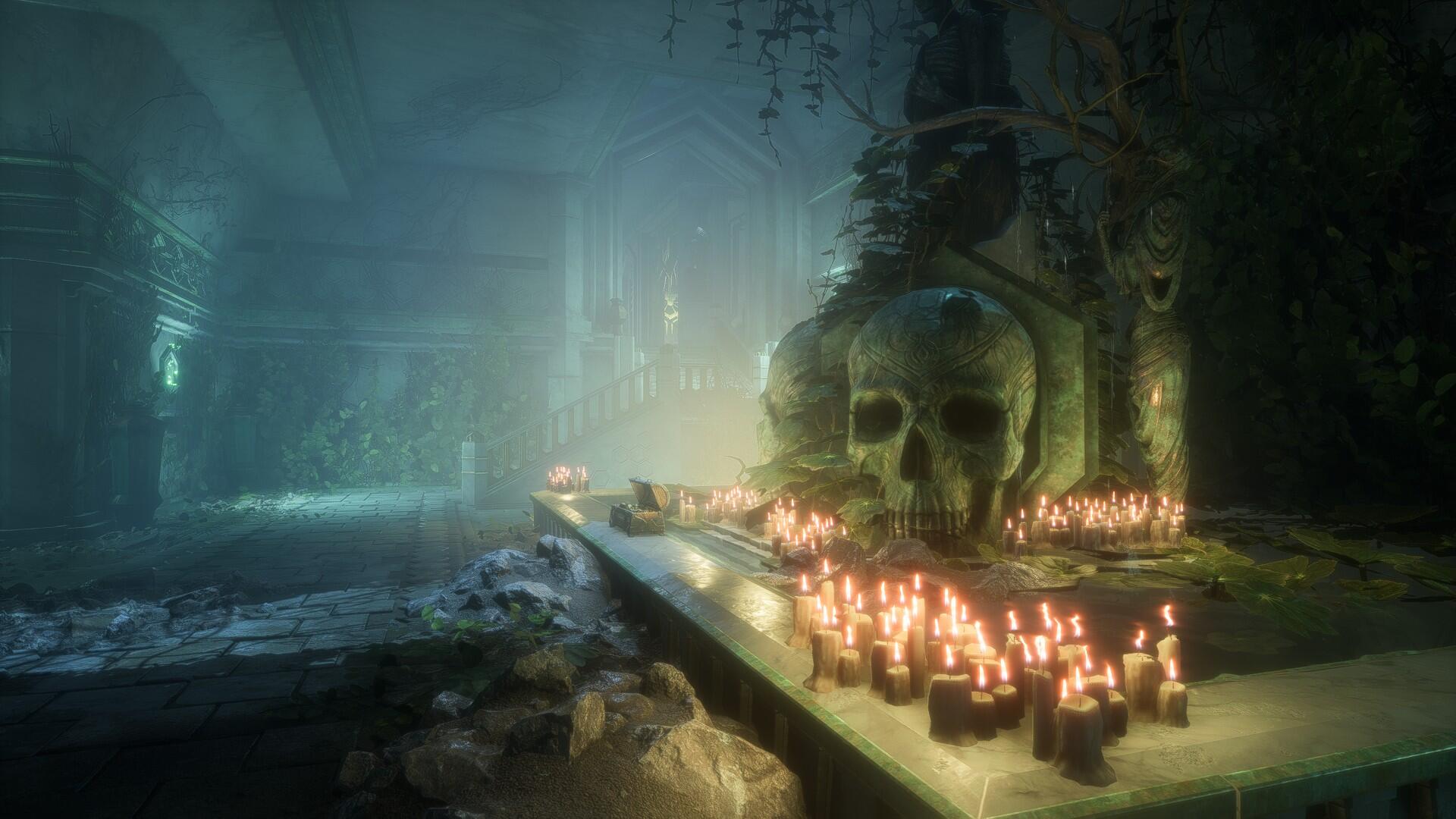 An atmospheric HD wallpaper from the video game Dragon Age: The Veilguard, featuring a dimly lit scene with candles and a large skull amidst an eerie, overgrown environment.