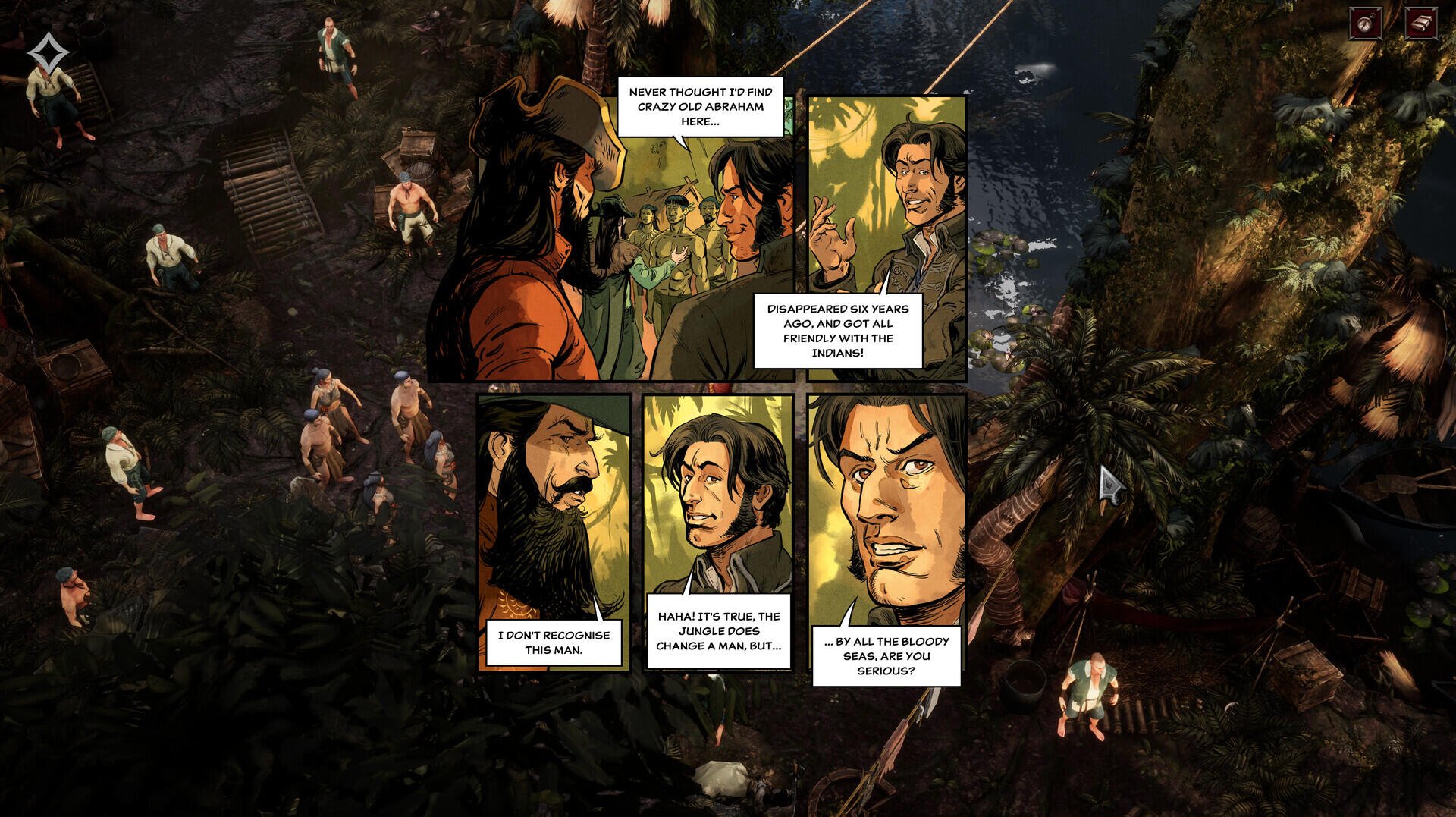 A vibrant HD wallpaper featuring scenes and characters from the video game Flint: Treasure of Oblivion, with comic-style dialogue boxes embedded in a jungle setting.