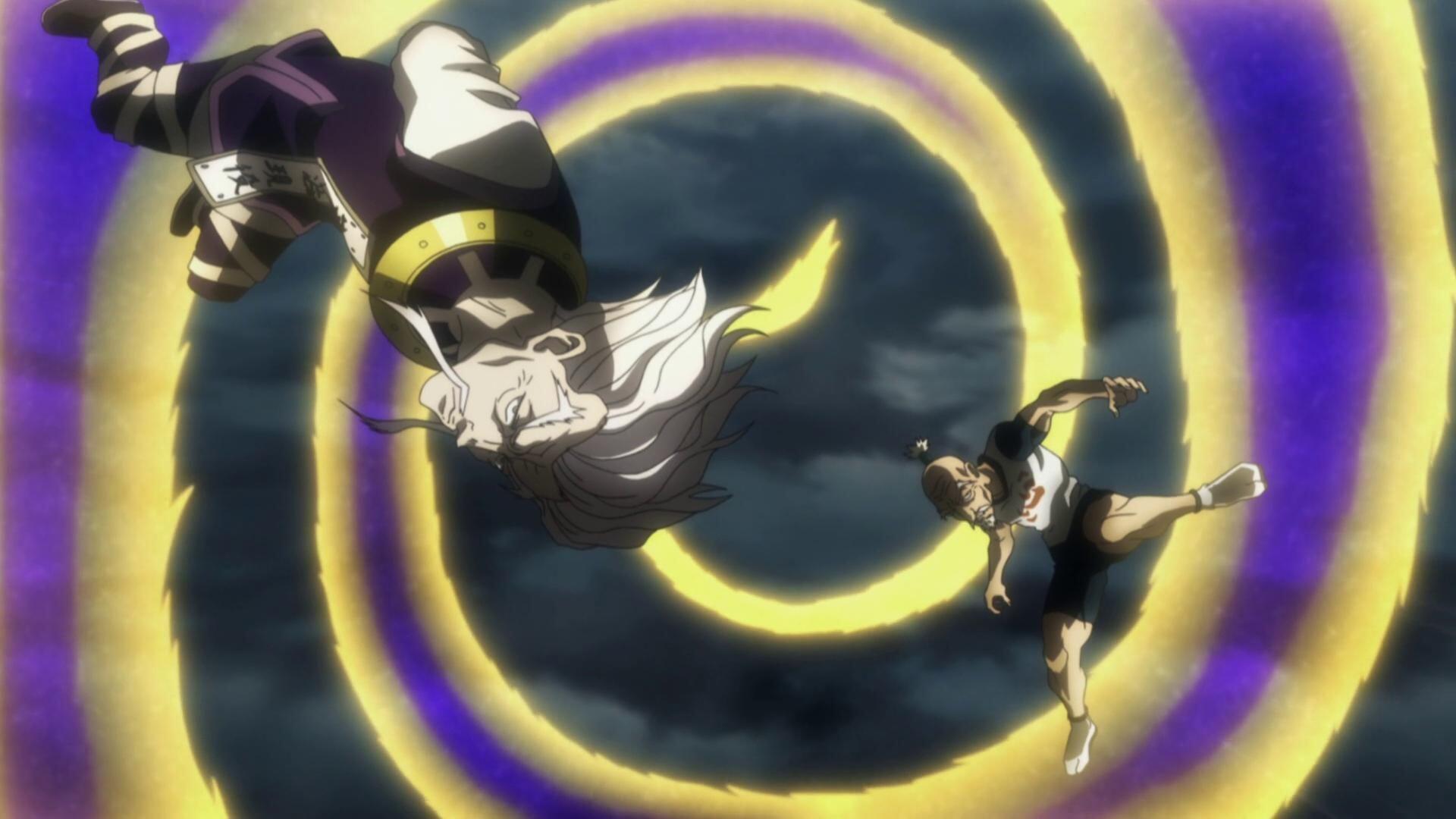 An HD desktop wallpaper featuring Zeno Zoldyck and Isaac Netero from Hunter x Hunter, set against a vibrant swirling background of purple and yellow tones.