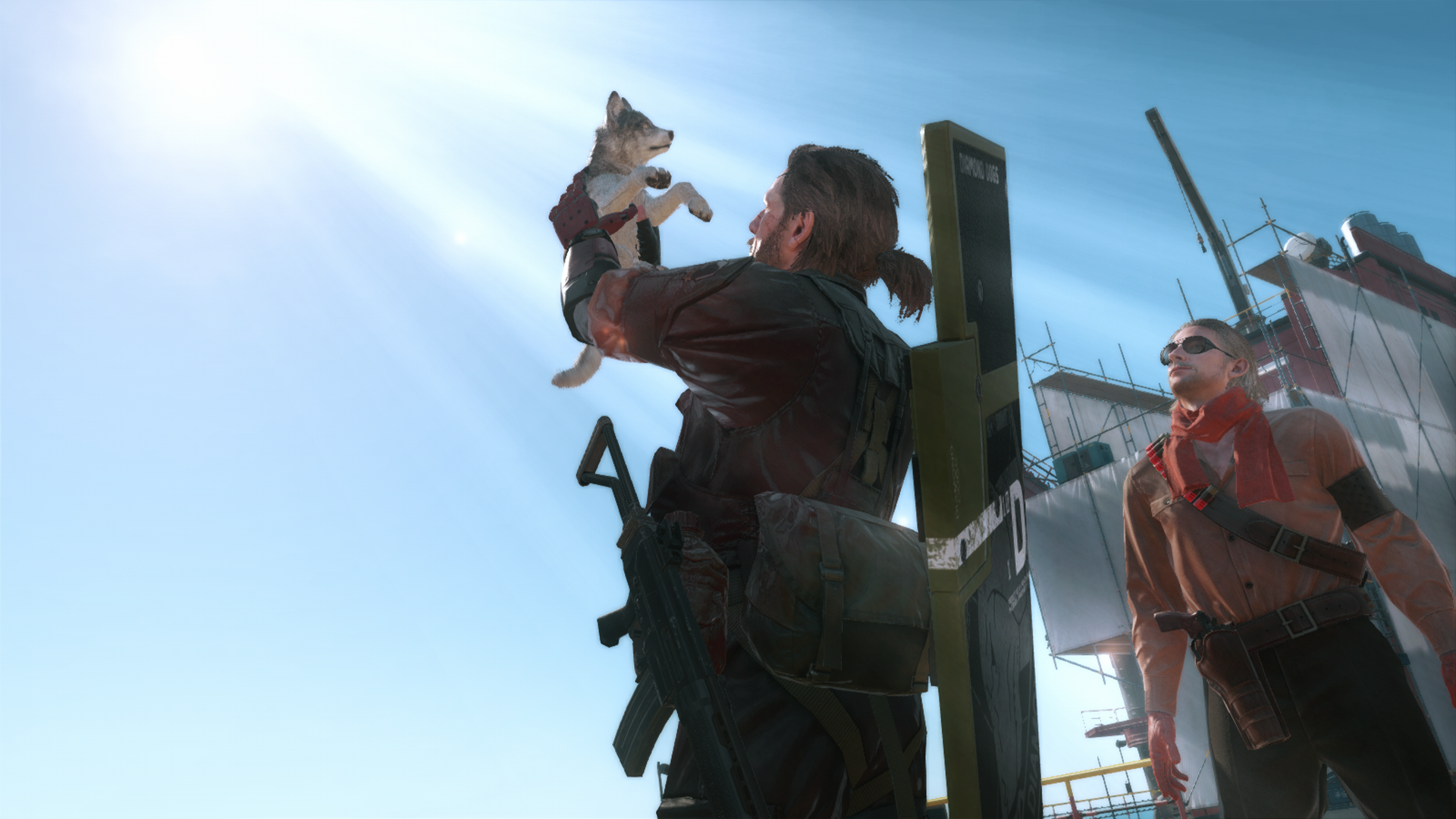 A scene from Metal Gear Solid V: The Phantom Pain, featuring a character holding a small dog, with a bright sky in the background. This HD wallpaper captures the game's emotional connection and adventure.