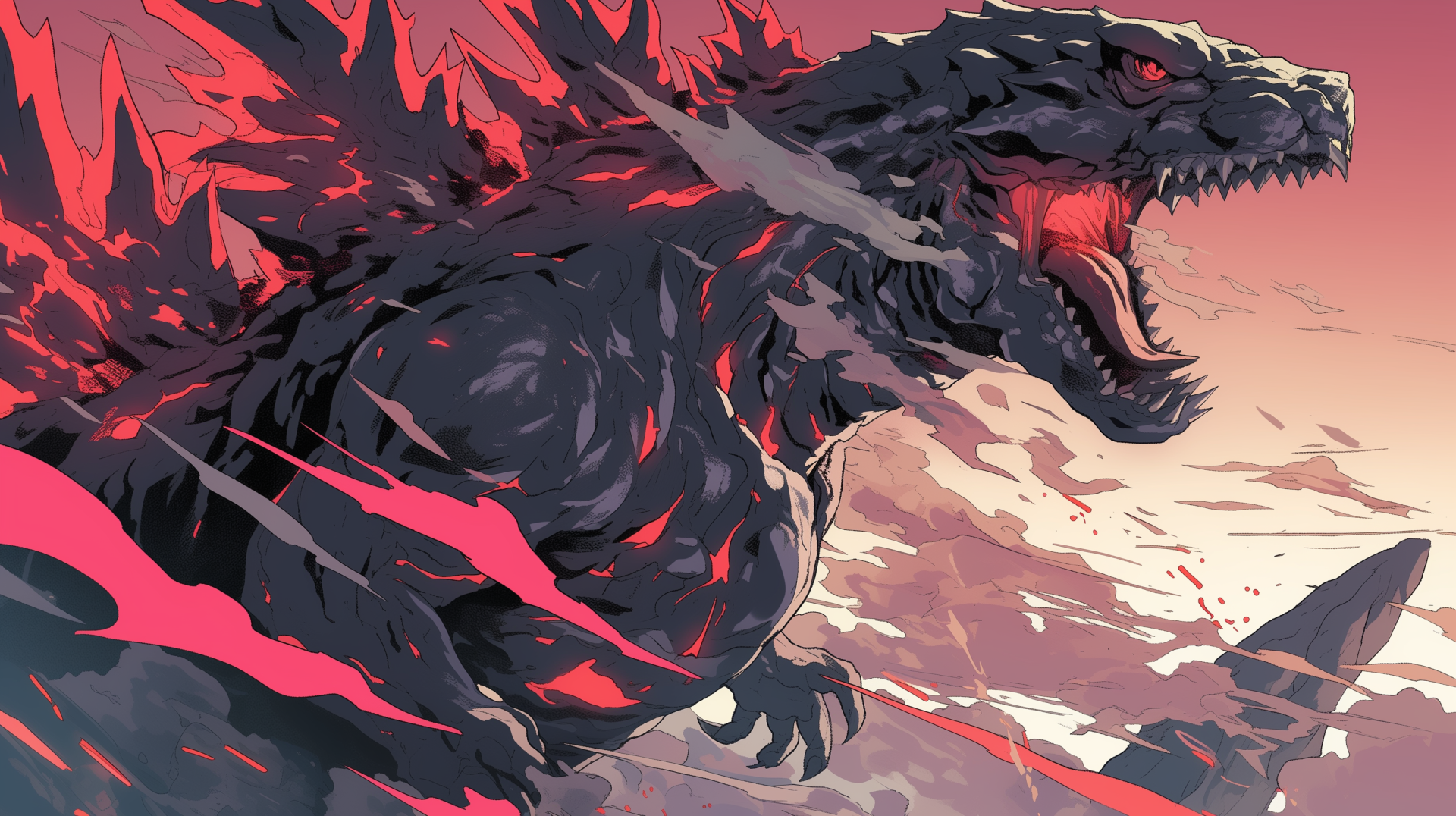 A striking HD wallpaper featuring Godzilla, depicted with bold colors and dynamic motion, capturing the iconic movie monster's fierce presence against a dramatic background.