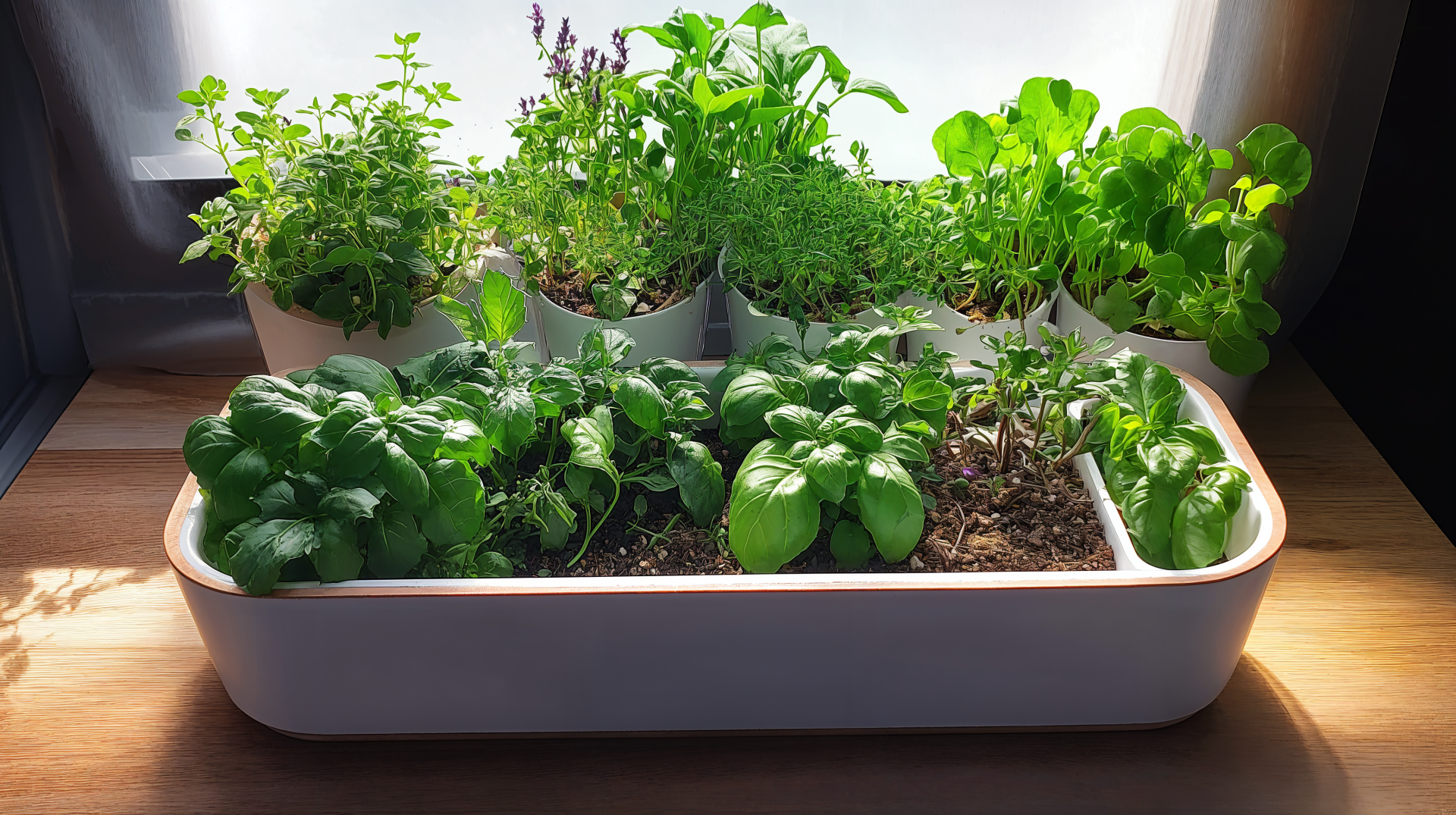 A vibrant herb garden featuring various greens in a white planter, bathed in natural light, serving as a stunning 4K Ultra HD desktop wallpaper and background.