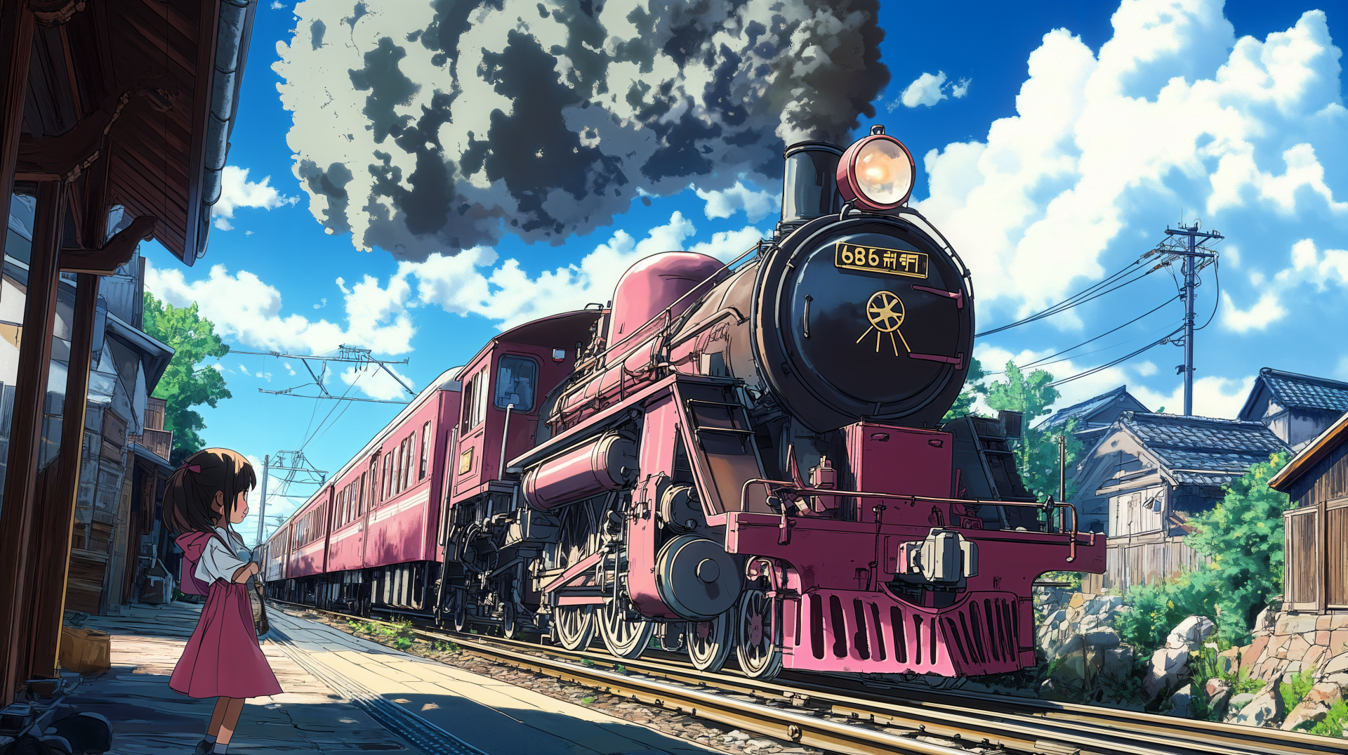 Anime-style 4K Ultra HD desktop wallpaper featuring a detailed steam locomotive at a train station with a girl in traditional attire watching nearby.